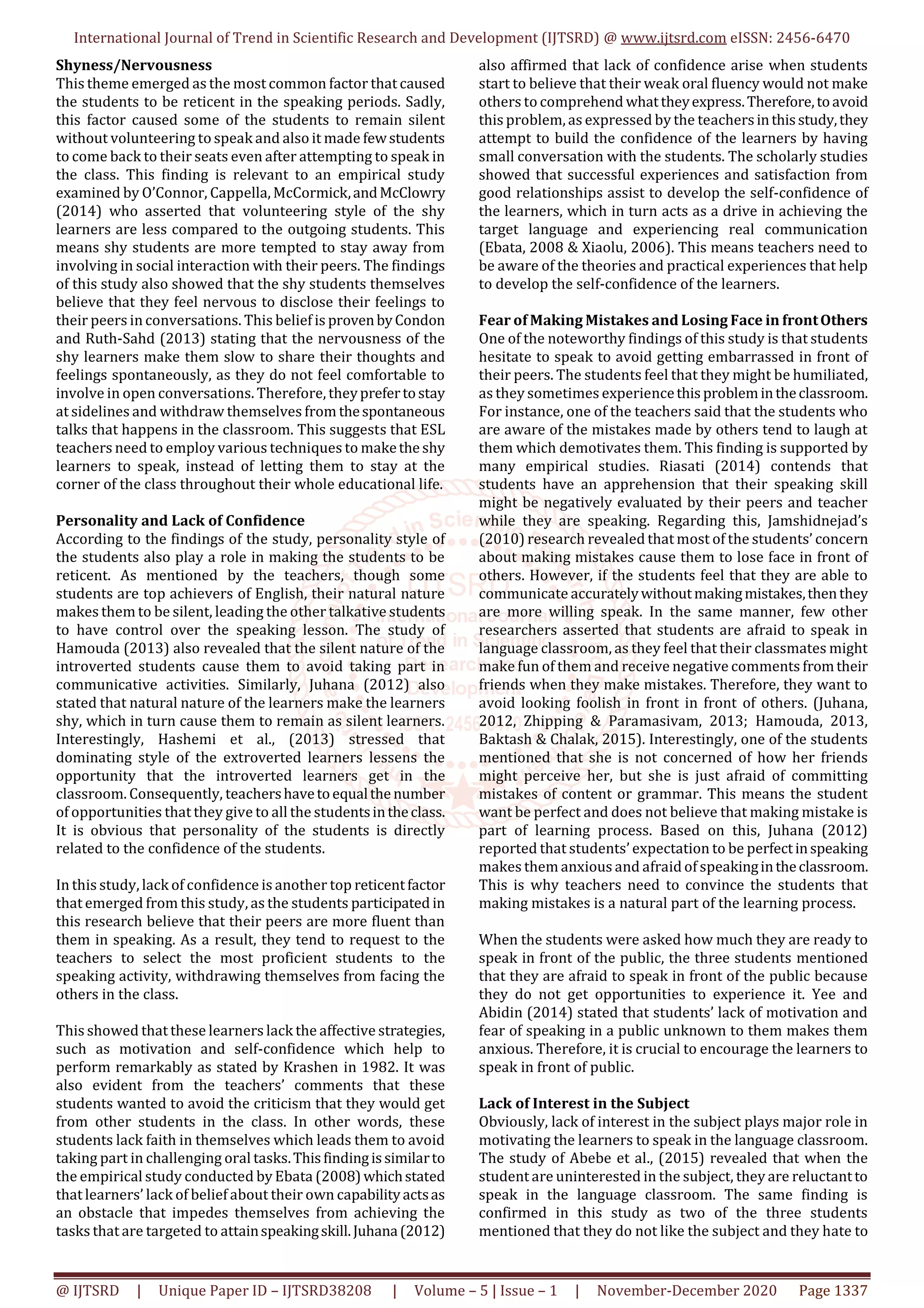 Reticence of Speaking in a Maldivian ESL Classroom Causes and Solution