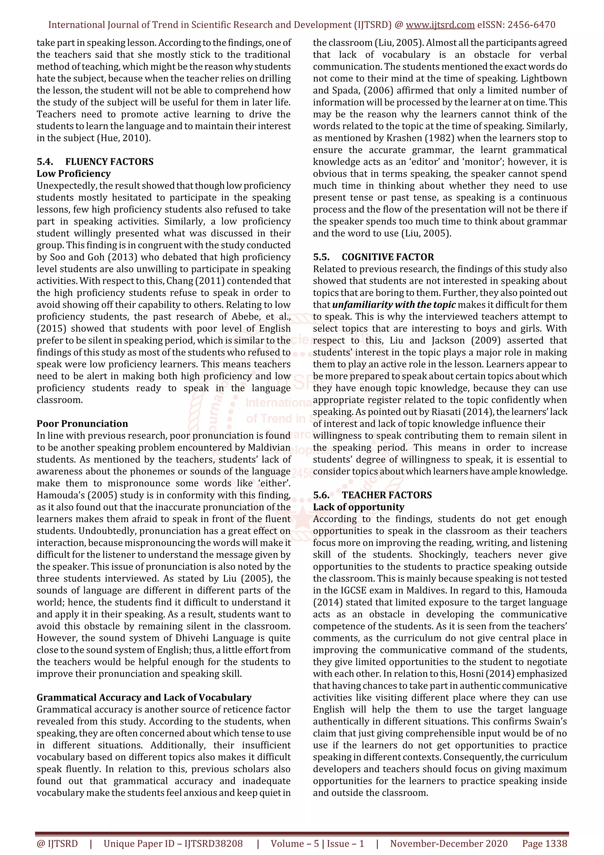 Reticence of Speaking in a Maldivian ESL Classroom Causes and Solution