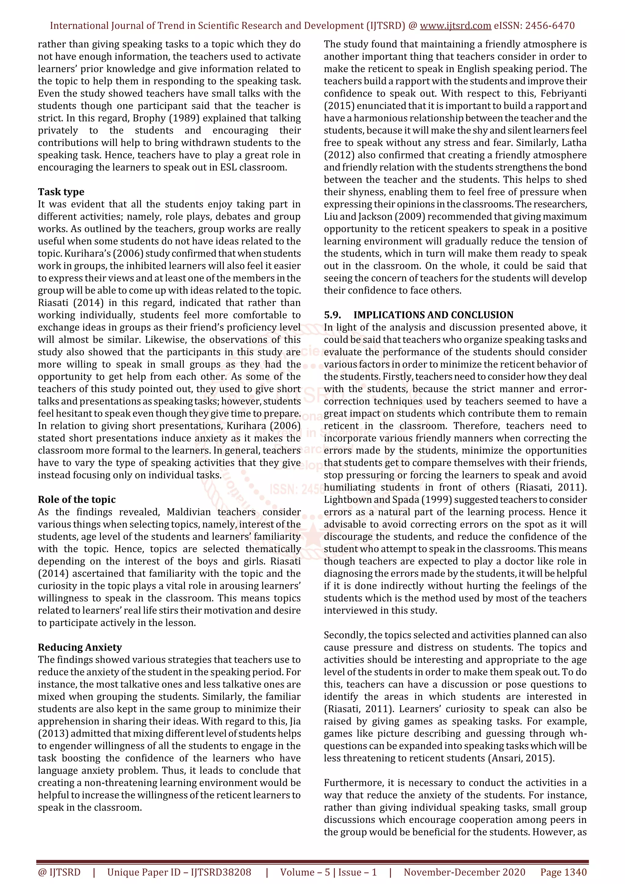 Reticence of Speaking in a Maldivian ESL Classroom Causes and Solution