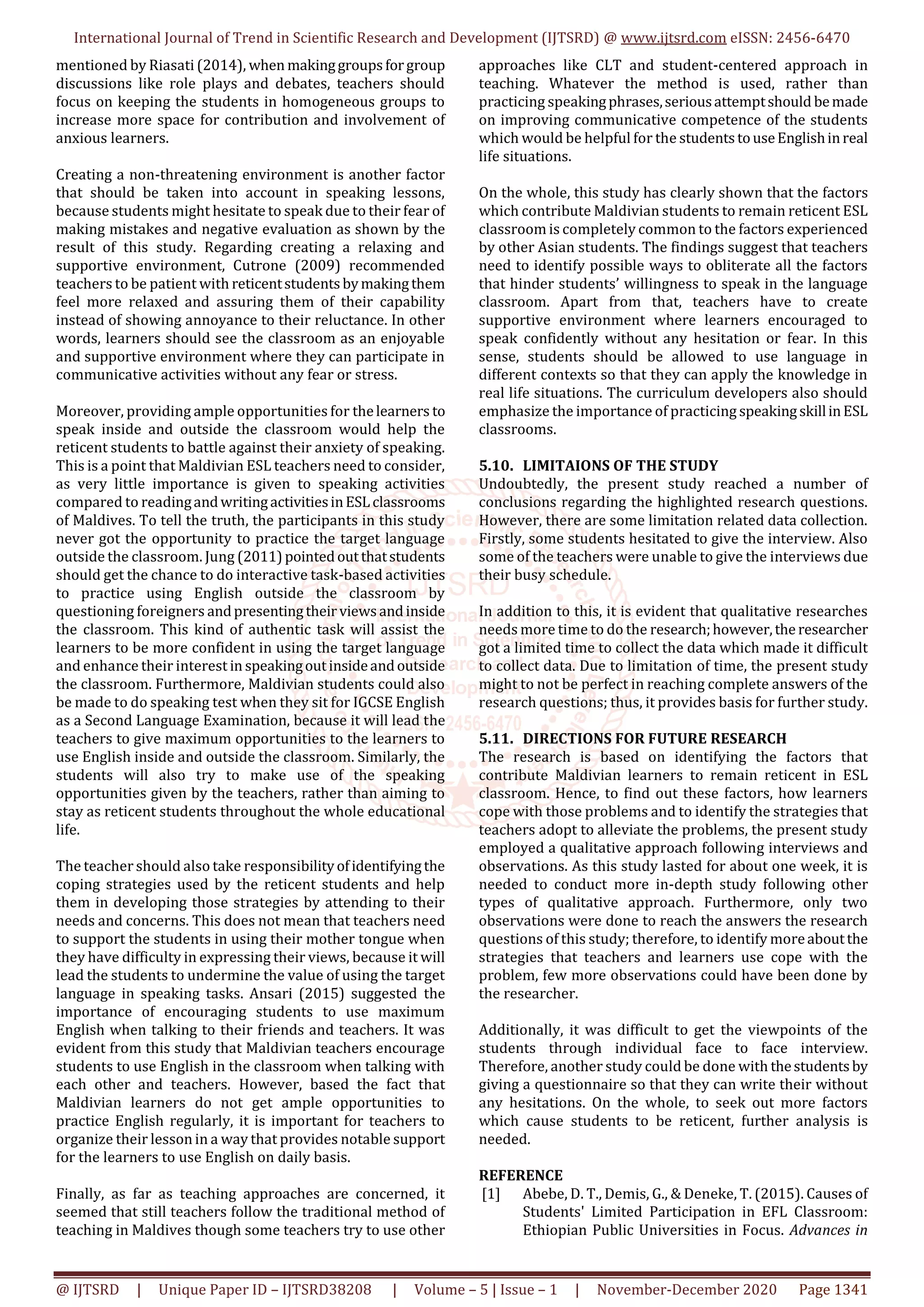 Reticence of Speaking in a Maldivian ESL Classroom Causes and Solution