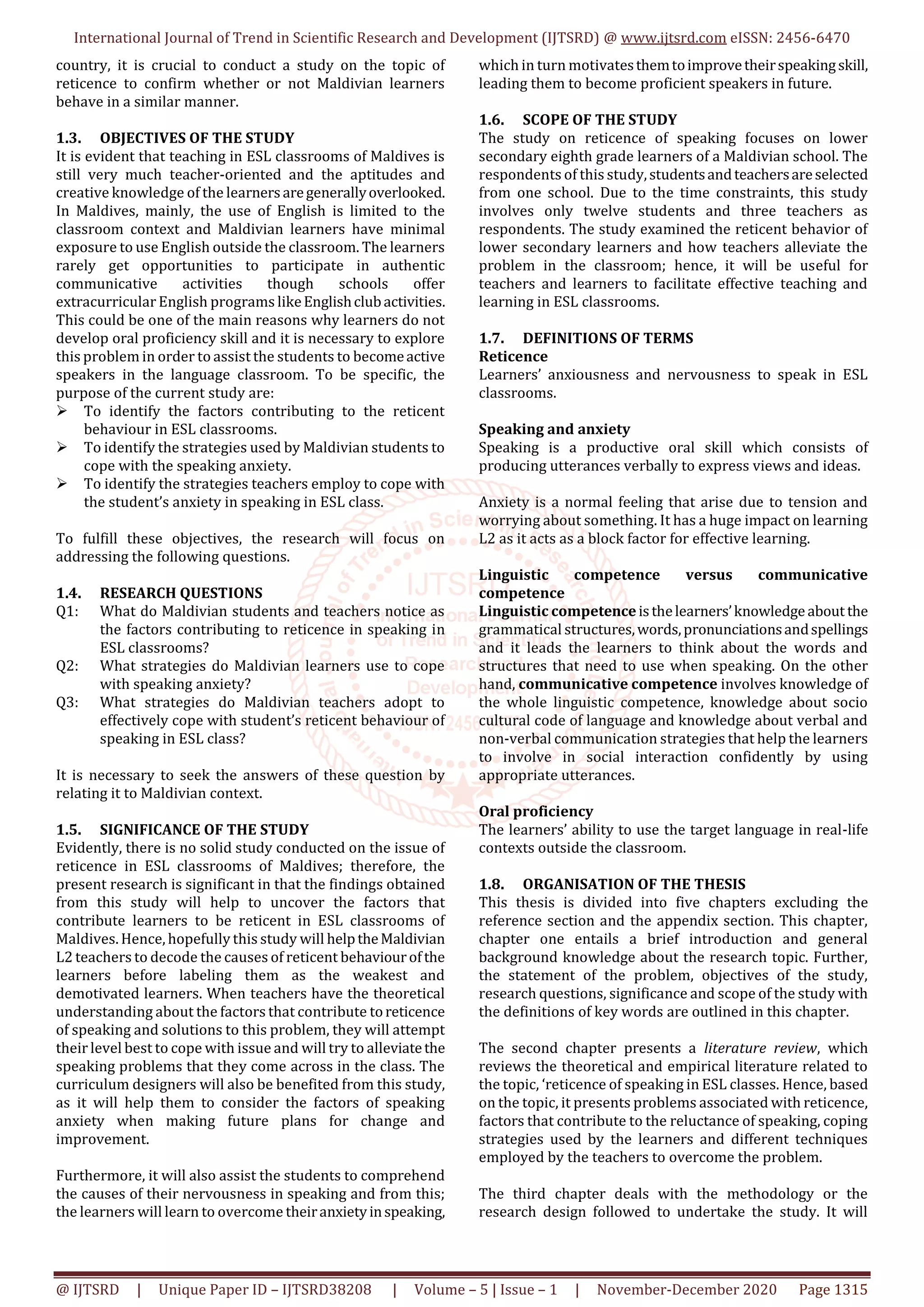 Reticence of Speaking in a Maldivian ESL Classroom Causes and Solution