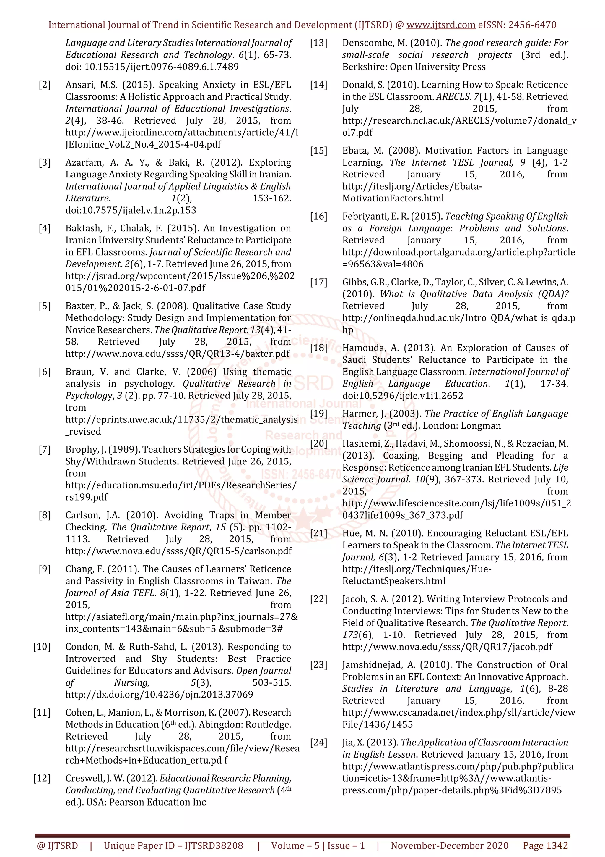 Reticence of Speaking in a Maldivian ESL Classroom Causes and Solution