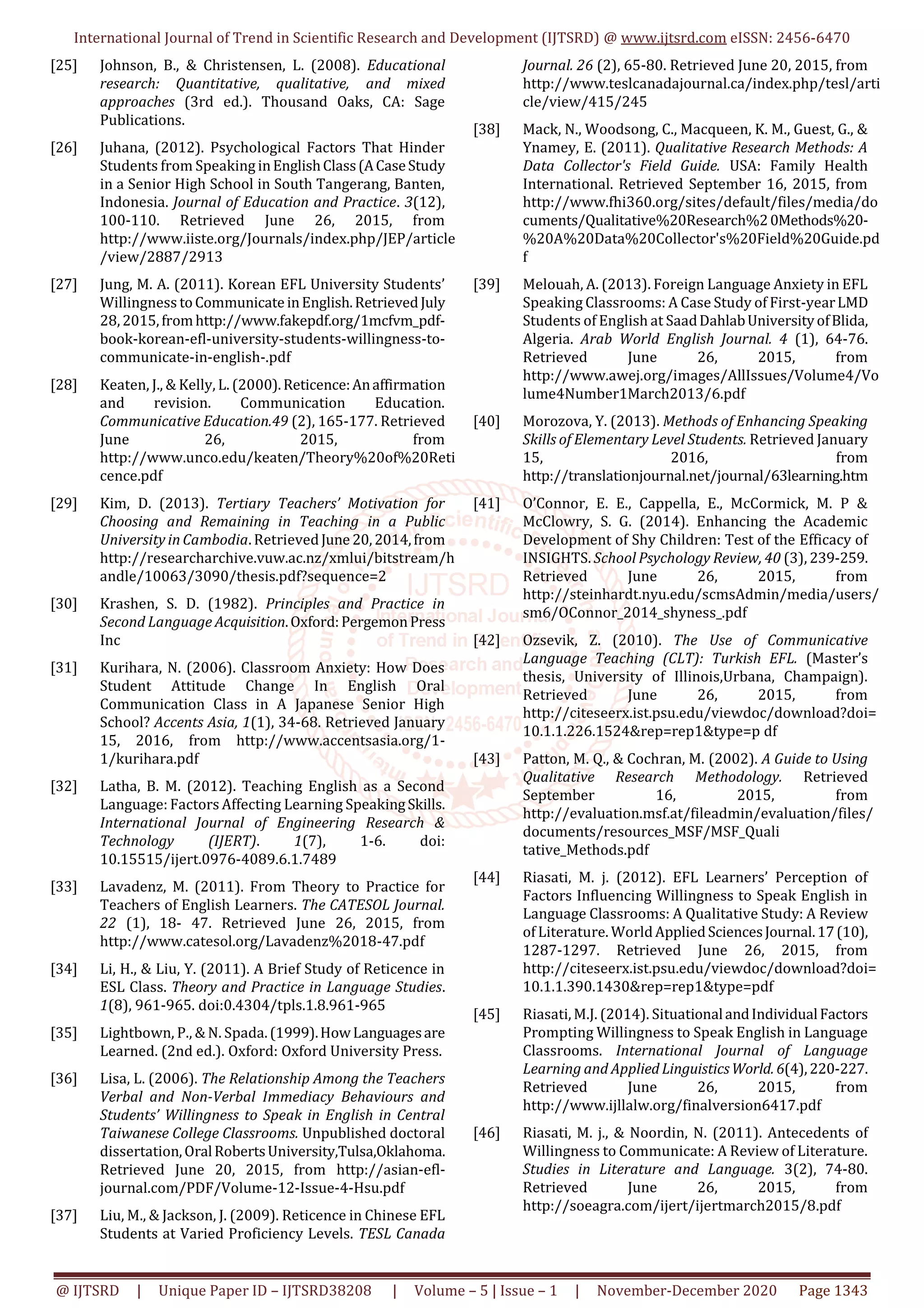 Reticence of Speaking in a Maldivian ESL Classroom Causes and Solution