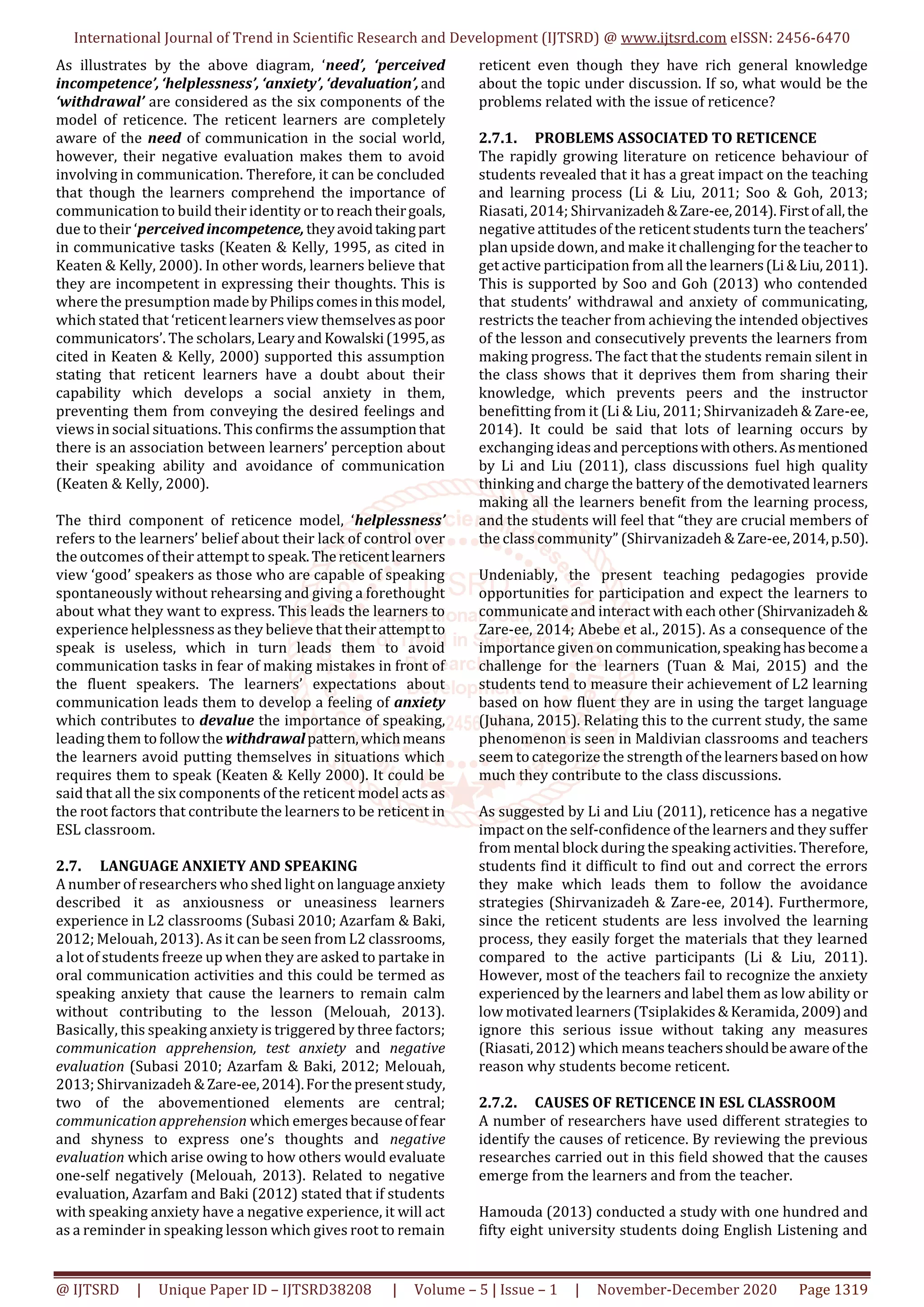 Reticence of Speaking in a Maldivian ESL Classroom Causes and Solution