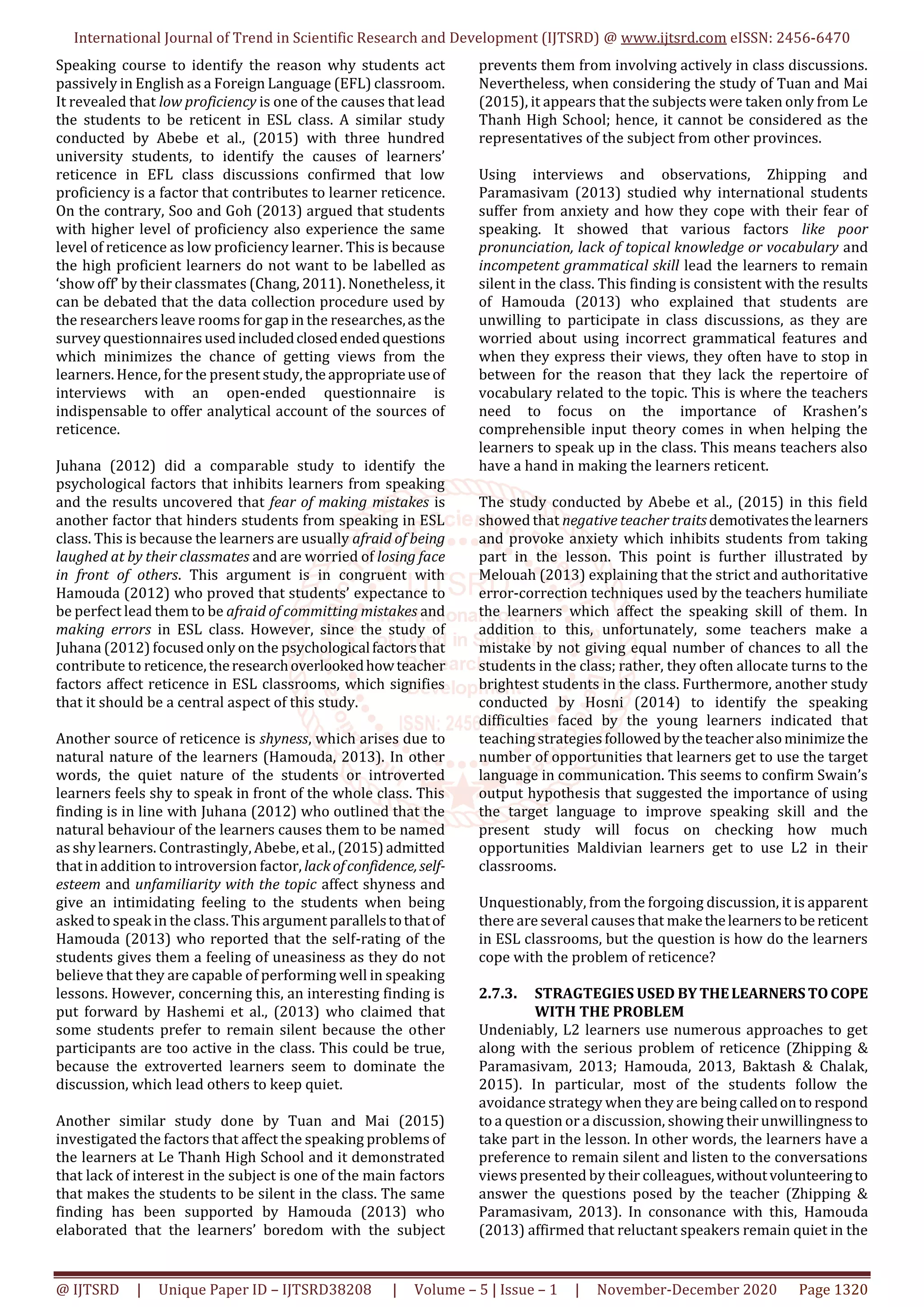 Reticence of Speaking in a Maldivian ESL Classroom Causes and Solution