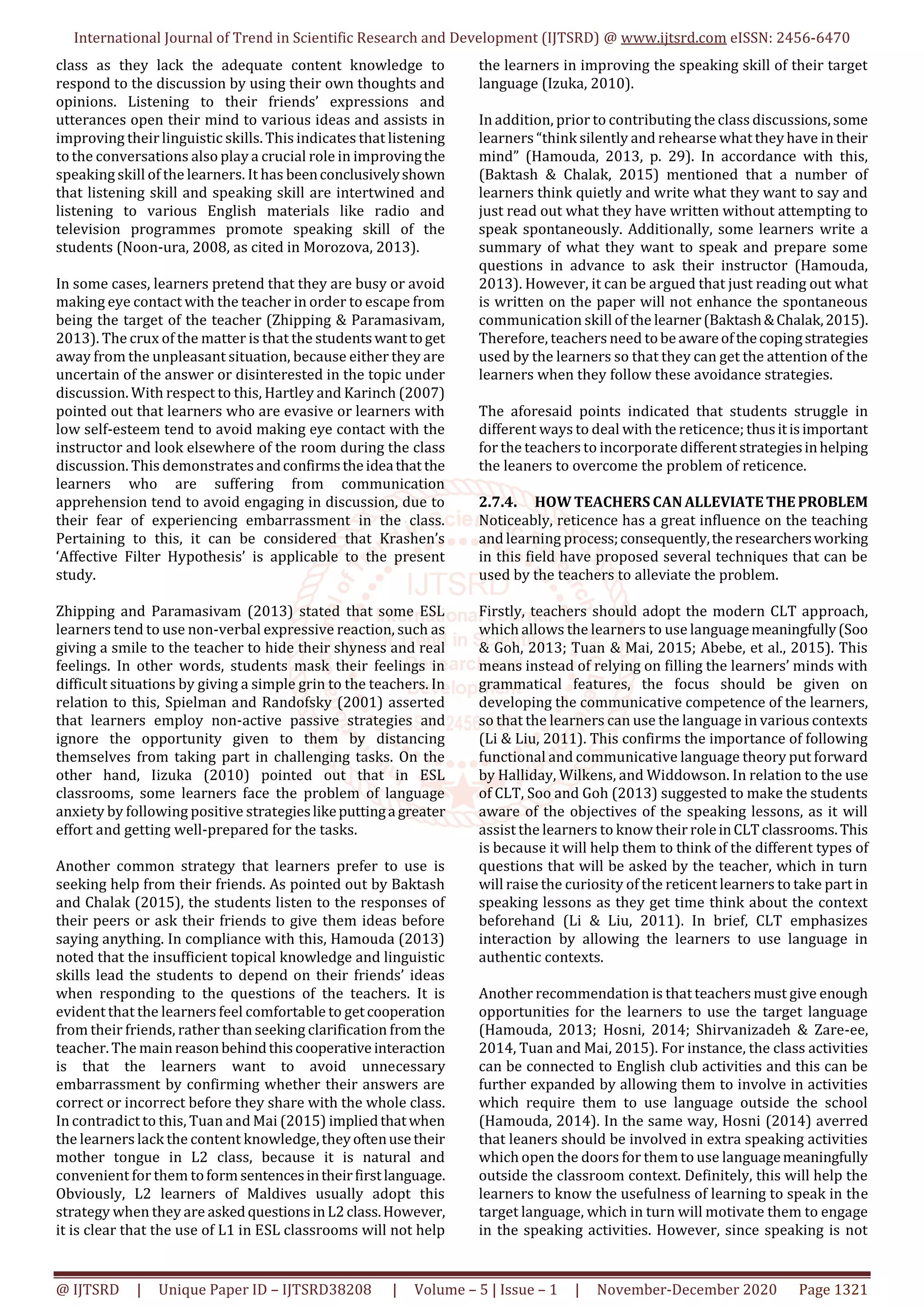 Reticence of Speaking in a Maldivian ESL Classroom Causes and Solution