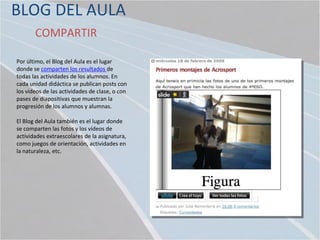 BLOG DEL AULA
       COMPARTIR

Por último, el Blog del Aula es el lugar
donde se comparten los resultados de
todas las actividades de los alumnos. En
cada unidad didáctica se publican posts con
los vídeos de las actividades de clase, o con
pases de diapositivas que muestran la
progresión de los alumnos y alumnas.

El Blog del Aula también es el lugar donde
se comparten las fotos y los vídeos de
actividades extraescolares de la asignatura,
como juegos de orientación, actividades en
la naturaleza, etc.
 