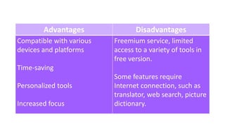 Advantages Disadvantages
Compatible with various
devices and platforms
Time-saving
Personalized tools
Increased focus
Freemium service, limited
access to a variety of tools in
free version.
Some features require
Internet connection, such as
translator, web search, picture
dictionary.
 