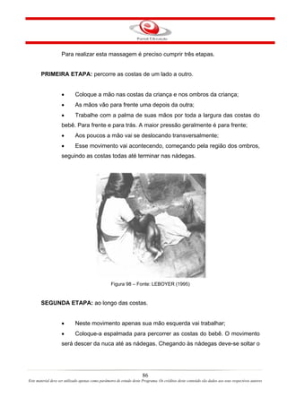 Para realizar esta massagem é preciso cumprir três etapas.


       PRIMEIRA ETAPA: percorre as costas de um lado a outro.


                    •        Coloque a mão nas costas da criança e nos ombros da criança;
                    •        As mãos vão para frente uma depois da outra;
                    •        Trabalhe com a palma de suas mãos por toda a largura das costas do
                    bebê. Para frente e para trás. A maior pressão geralmente é para frente;
                    •        Aos poucos a mão vai se deslocando transversalmente;
                    •        Esse movimento vai acontecendo, começando pela região dos ombros,
                    seguindo as costas todas até terminar nas nádegas.




                                                   Figura 98 – Fonte: LEBOYER (1995)


       SEGUNDA ETAPA: ao longo das costas.


                    •        Neste movimento apenas sua mão esquerda vai trabalhar;
                    •        Coloque-a espalmada para percorrer as costas do bebê. O movimento
                    será descer da nuca até as nádegas. Chegando às nádegas deve-se soltar o




                                                                       86
Este material deve ser utilizado apenas como parâmetro de estudo deste Programa. Os créditos deste conteúdo são dados aos seus respectivos autores
 