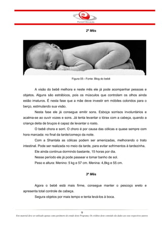 2º Mês




                                                             Figura 05 - Fonte: Blog do bebê


                    A visão do bebê melhora e neste mês ele já pode acompanhar pessoas e
       objetos. Alguns são estrábicos, pois os músculos que controlam os olhos ainda
       estão imaturos. É nesta fase que a mãe deve investir em móbiles coloridos para o
       berço, estimulando sua visão.
                    Nesta fase ele já consegue emitir sons. Esboça sorrisos involuntários e
       acalma-se ao ouvir vozes e sons. Já tenta levantar o tórax com a cabeça, quando a
       criança deita de bruços é capaz de levantar o rosto.
                    O bebê chora e sorri. O choro é por causa das cólicas e quase sempre com
       hora marcada: no final da tarde/começo da noite.
                    Com a Shantala as cólicas podem ser amenizadas, melhorando o trato
       intestinal. Pode ser realizada no meio da tarde, para evitar sofrimentos à tardezinha.
                    Ele ainda continua dormindo bastante, 15 horas por dia.
                    Nesse período ele já pode passear e tomar banho de sol.
                    Peso e altura: Menino: 5 kg e 57 cm. Menina: 4,8kg e 55 cm.


                                                                             3º Mês


                    Agora o bebê está mais firme, consegue manter o pescoço ereto e
       apresenta total controle de cabeça.
                    Segura objetos por mais tempo e tenta levá-los à boca.



                                                                        9
Este material deve ser utilizado apenas como parâmetro de estudo deste Programa. Os créditos deste conteúdo são dados aos seus respectivos autores
 