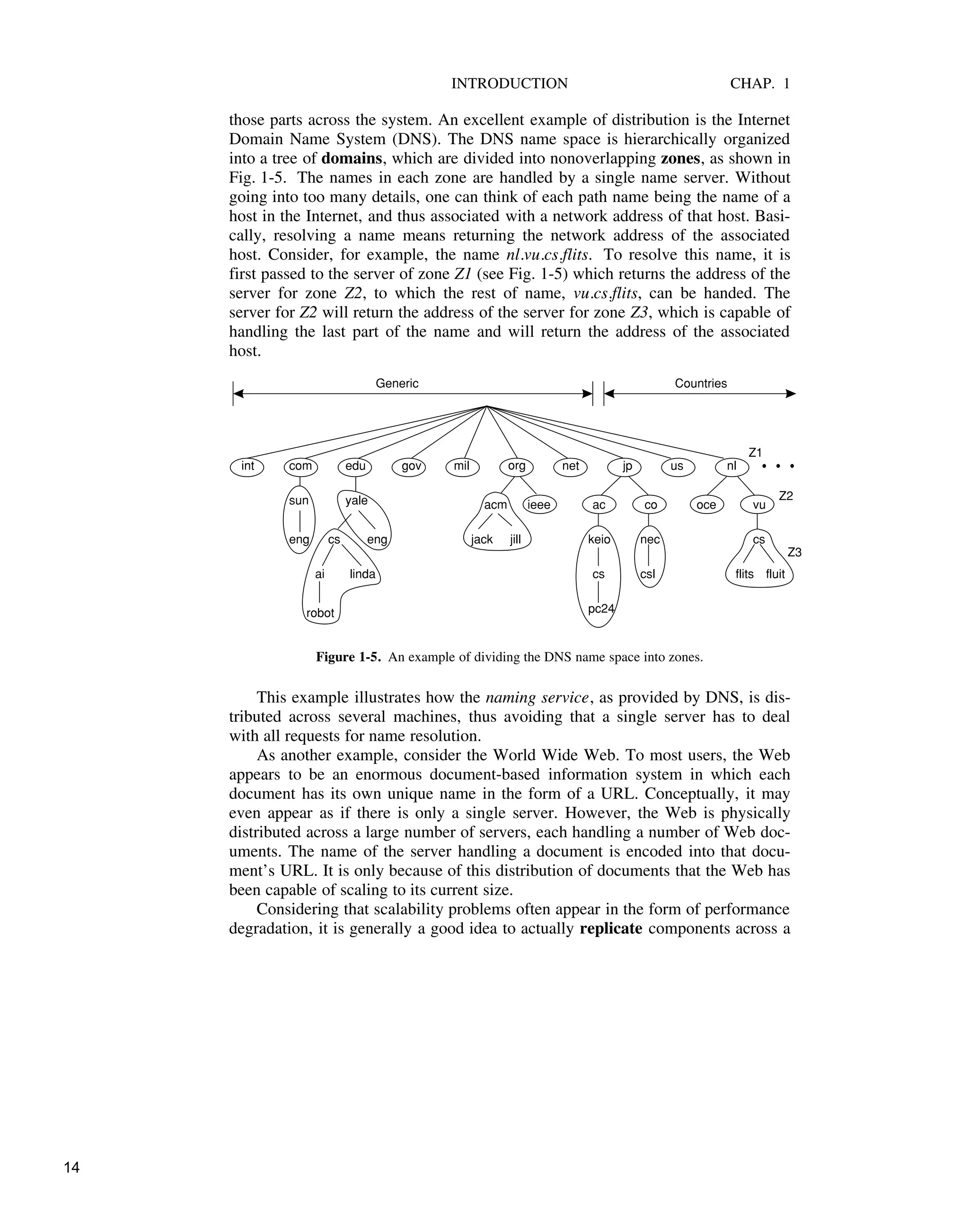 INTRODUCTION CHAP. 1
those parts across the system. An excellent example of distribution is the Internet
Domain Name System (DNS). The DNS name space is hierarchically organized
into a tree of domains, which are divided into nonoverlapping zones, as shown in
Fig. 1-5. The names in each zone are handled by a single name server. Without
going into too many details, one can think of each path name being the name of a
host in the Internet, and thus associated with a network address of that host. Basi-
cally, resolving a name means returning the network address of the associated
host. Consider, for example, the name nl.vu.cs.flits. To resolve this name, it is
first passed to the server of zone Z1 (see Fig. 1-5) which returns the address of the
server for zone Z2, to which the rest of name, vu.cs.flits, can be handed. The
server for Z2 will return the address of the server for zone Z3, which is capable of
handling the last part of the name and will return the address of the associated
host.
int com edu gov mil org net jp us nl
sun
eng
yale
eng
ai linda
robot
acm
jack jill
ieee
keio
cs
cs
pc24
co
nec
csl
oce vu
cs
flits fluit
ac
Generic Countries
Z1
Z2
Z3
Figure 1-5. An example of dividing the DNS name space into zones.
This example illustrates how the naming service, as provided by DNS, is dis-
tributed across several machines, thus avoiding that a single server has to deal
with all requests for name resolution.
As another example, consider the World Wide Web. To most users, the Web
appears to be an enormous document-based information system in which each
document has its own unique name in the form of a URL. Conceptually, it may
even appear as if there is only a single server. However, the Web is physically
distributed across a large number of servers, each handling a number of Web doc-
uments. The name of the server handling a document is encoded into that docu-
ment’s URL. It is only because of this distribution of documents that the Web has
been capable of scaling to its current size.
Considering that scalability problems often appear in the form of performance
degradation, it is generally a good idea to actually replicate components across a
14
 