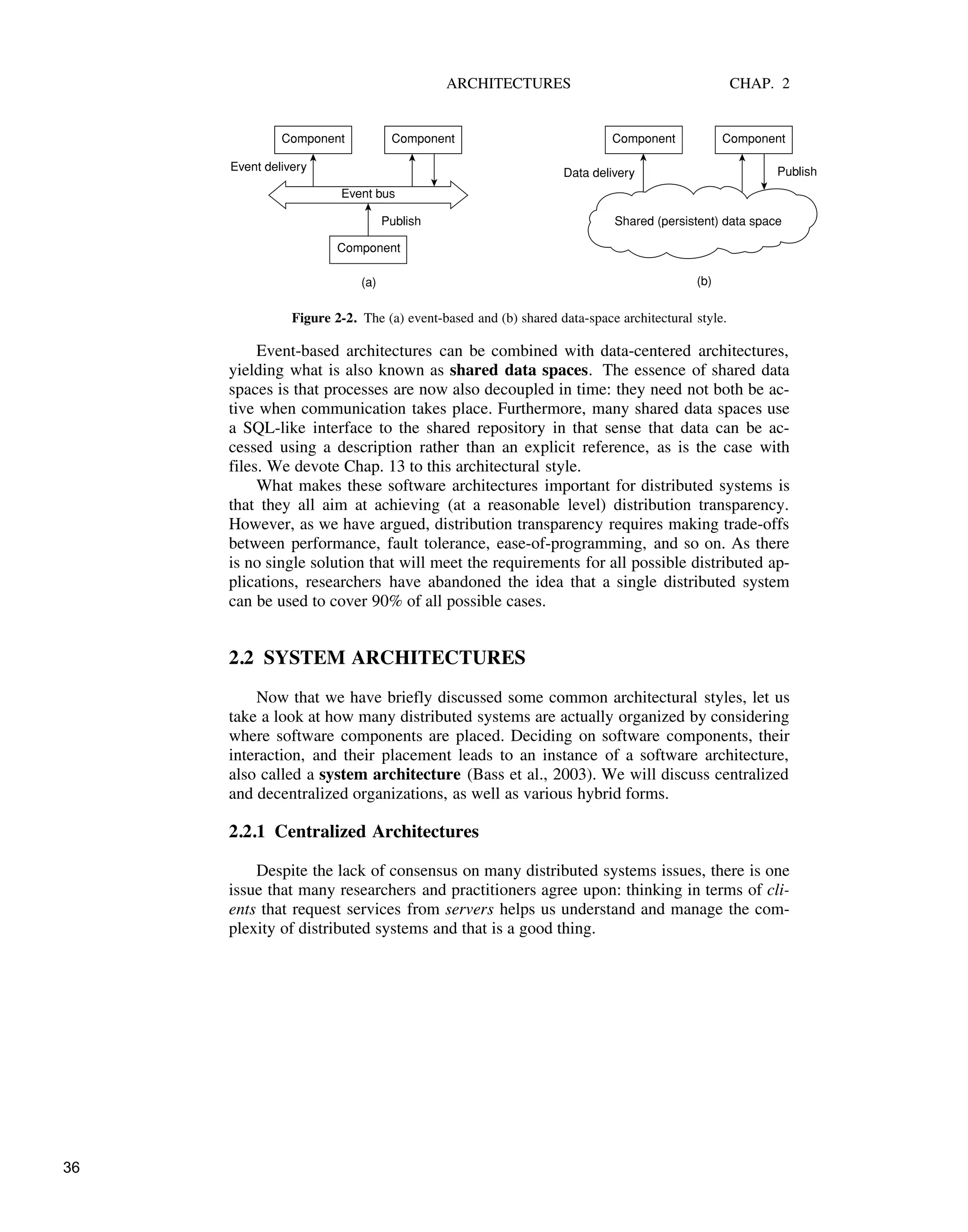 ARCHITECTURES CHAP. 2
(a) (b)
Component Component
Component
Event bus
Publish
Publish
Event delivery
Component Component
Data delivery
Shared (persistent) data space
Figure 2-2. The (a) event-based and (b) shared data-space architectural style.
Event-based architectures can be combined with data-centered architectures,
yielding what is also known as shared data spaces. The essence of shared data
spaces is that processes are now also decoupled in time: they need not both be ac-
tive when communication takes place. Furthermore, many shared data spaces use
a SQL-like interface to the shared repository in that sense that data can be ac-
cessed using a description rather than an explicit reference, as is the case with
files. We devote Chap. 13 to this architectural style.
What makes these software architectures important for distributed systems is
that they all aim at achieving (at a reasonable level) distribution transparency.
However, as we have argued, distribution transparency requires making trade-offs
between performance, fault tolerance, ease-of-programming, and so on. As there
is no single solution that will meet the requirements for all possible distributed ap-
plications, researchers have abandoned the idea that a single distributed system
can be used to cover 90% of all possible cases.
2.2 SYSTEM ARCHITECTURES
Now that we have briefly discussed some common architectural styles, let us
take a look at how many distributed systems are actually organized by considering
where software components are placed. Deciding on software components, their
interaction, and their placement leads to an instance of a software architecture,
also called a system architecture (Bass et al., 2003). We will discuss centralized
and decentralized organizations, as well as various hybrid forms.
2.2.1 Centralized Architectures
Despite the lack of consensus on many distributed systems issues, there is one
issue that many researchers and practitioners agree upon: thinking in terms of cli-
ents that request services from servers helps us understand and manage the com-
plexity of distributed systems and that is a good thing.
36
 