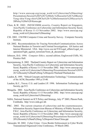 314
http://www.unescap.org/escap_work/ict/Cybercrime%20meeting/
Presentations/Session%202%20-%20Info.%20security%20-%20Korea/
Yang-shin/Yang-shin%20Cha%20-%20Information%20Security%
20Policy%20in%20 Korea.ppt
Chan, K.W. 2002. INFOCOMM security, Country Report on Singapore,
Asia-Pacific Conference on Cybercrime and Information Security Seoul,
Republic of Korea 11-13 November 2002. http://www.unescap.org/
escap_work/ict/Cybercrime%20meeting/
CSI. 2003. CSI/FBI Computer Crime and Security Survey. Computer Security
Institute.
G8. 2002. Recommendations for Tracing Networked Communications Across
National Borders in Terrorist and Criminal Investigations. G8 Justice and
Interior Ministerial. USA. http://www.coe.int/T/E/Legal_affairs/Legal_co-
operation/Fight_against_terrorism/Texts_&_documents/
Johnson, D.G. 1994. Computer Ethics, second edition; Englewood Cliffs, NJ,
Prentice Hall.
Kaewjumnong, S. 2002. Thailand Country Report on Cybercrime and Information
Security, Asia-Pacific Conference on Cybercrime and Information Security
Seoul, Republic of Korea 11-13 November 2002. http://www.unescap.org/
escap_work/ict/Cybercrime%20meeting/Presentations/Session%203%
20-%20country%20and%20org.%20reports/Thailand/Thailand.doc
Laudon, K. 1995. “Ethical Concepts and Information Technology,” Communications
of the ACM, December 1995 p 33-40.
Laudon, K.C., Traver, C.G. and Laudon J.P. 1996. Information Technology and
Society, pp.513.
Mongolia. 2002. Asia-Pacific Conference on Cybercrime and Information Security
Seoul, Republic of Korea 11-13 November 2002. http://www.unescap.org/
escap_work/ict/Cybercrime%20meeting/
NiDA, National Summit on ICT Policy and Strategy, July 3rd
2003, Phnom Penh,
Combodia. http://www.nida.gov.kh
PRC. 2002. The current situation of cybercrime and the countermeasures.
Information Security Supervision Bureau of Ministry of Public Security of
P.R.C. Asia-Pacific Conference on Cybercrime and Information Security,
Seoul, Republic of Korea 11-13 November 2002. http://www.unescap.org/
escap_work/ict/Cybercrime%20meeting/Presentations/Session%203%
20%20country%20and%20org.%20reports/China/China.ppt
Tatsuzaki, M. 2002. Cyber Crime: Cross Border Enforcement in Cyber World.
Transnational Organized Crime Conference, 19 March 2002.
 