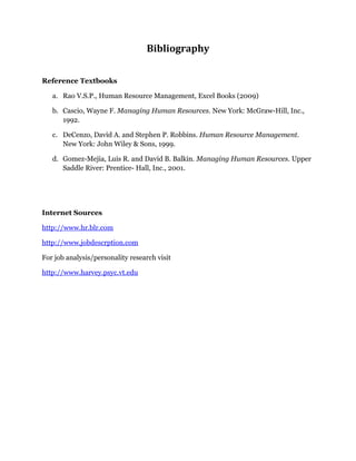 Bibliography
Reference Textbooks
a. Rao V.S.P., Human Resource Management, Excel Books (2009)
b. Cascio, Wayne F. Managing Human Resources. New York: McGraw-Hill, Inc.,
1992.
c. DeCenzo, David A. and Stephen P. Robbins. Human Resource Management.
New York: John Wiley & Sons, 1999.
d. Gomez-Mejia, Luis R. and David B. Balkin. Managing Human Resources. Upper
Saddle River: Prentice- Hall, Inc., 2001.
Internet Sources
http://www.hr.blr.com
http://www.jobdescrption.com
For job analysis/personality research visit
http://www.harvey.psyc.vt.edu
 