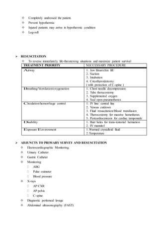  Completely undressed the patient.
 Prevent hypothermia
 Injured patients may arrive in hypothermic condition
 Log-roll
 RESUSCITATION
 To reverse immediately life-threatening situations and maximize patient survival
TREATMENT PRIORITY NECCESSARY PROCEDURE
Airway 1. Jaw thrust/chin lift/
2. Suction
3. Intubation
4. Cricothyroidotomy
( with protection of C-spine )
Breathing/Ventilation/oxygenation 1. Chest needle decompression
2. Tube thoracostomy
3. Supplemental oxygen
4. Seal open pneumothorax
Circulation/hemorrhage control 1. IV line/ central line
2. Venous cutdown
3. Fluid resuscitation/Blood transfusion
4. Thorocostomy for massive hemothorax
5. Pericardiocentesis for cardiac tamponade
Disability 1. Burr holes for trans-tentorial herniation
2. IV mannitol
Exposure/Environment 1.Warmed crystalloid fluid
2.Temperature
 ADJUNCTS TO PRIMARY SURVEY AND RESUSCITATION
 Electrocardiographic Monitoring.
 Urinary Catheter
 Gastric Catheter
 Monitoring
 ABG
 Pulse oximeter
 Blood pressure
 X-rays
 AP CXR
 AP pelvis
 C-spine
 Diagnostic peritoneal lavage
 Abdominal ultrasonography (FAST)
 