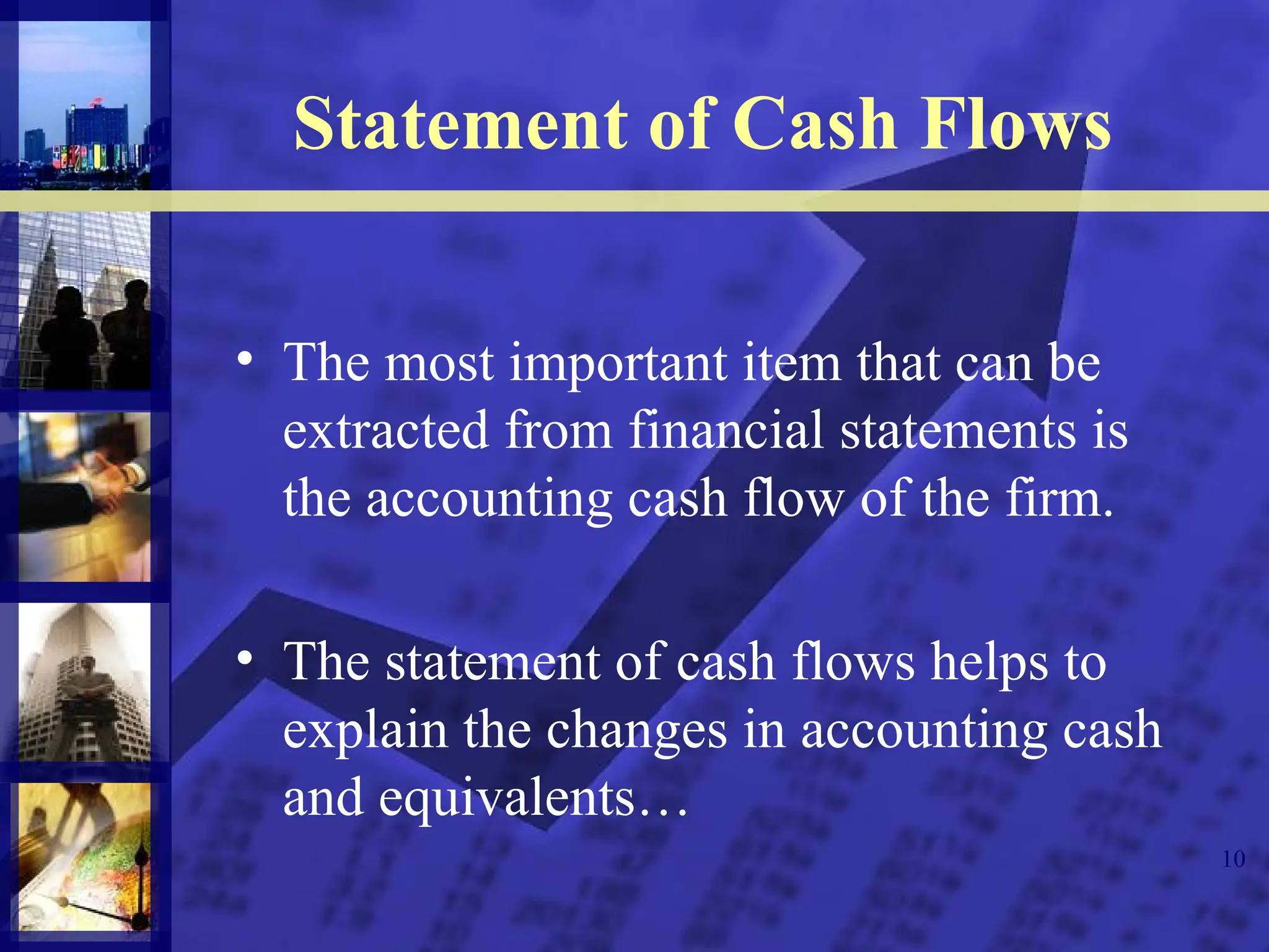 10
Statement of Cash Flows
• The most important item that can be
extracted from financial statements is
the accounting cash flow of the firm.
• The statement of cash flows helps to
explain the changes in accounting cash
and equivalents…
 