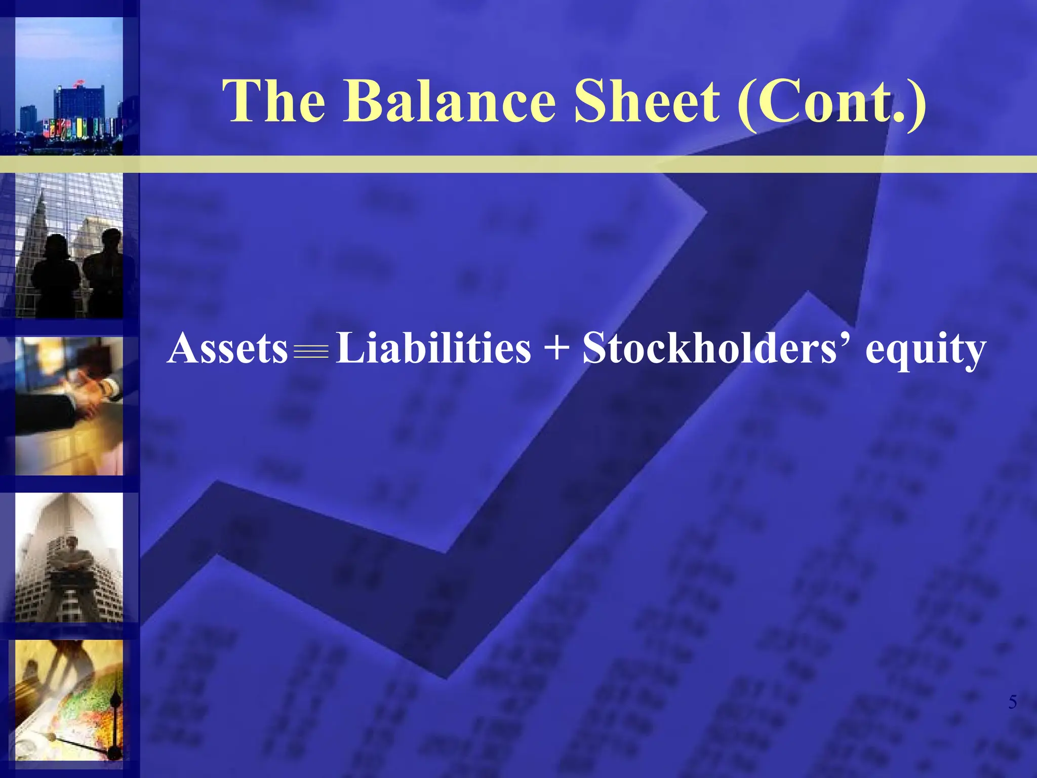 5
The Balance Sheet (Cont.)
Assets Liabilities + Stockholders’ equity
 