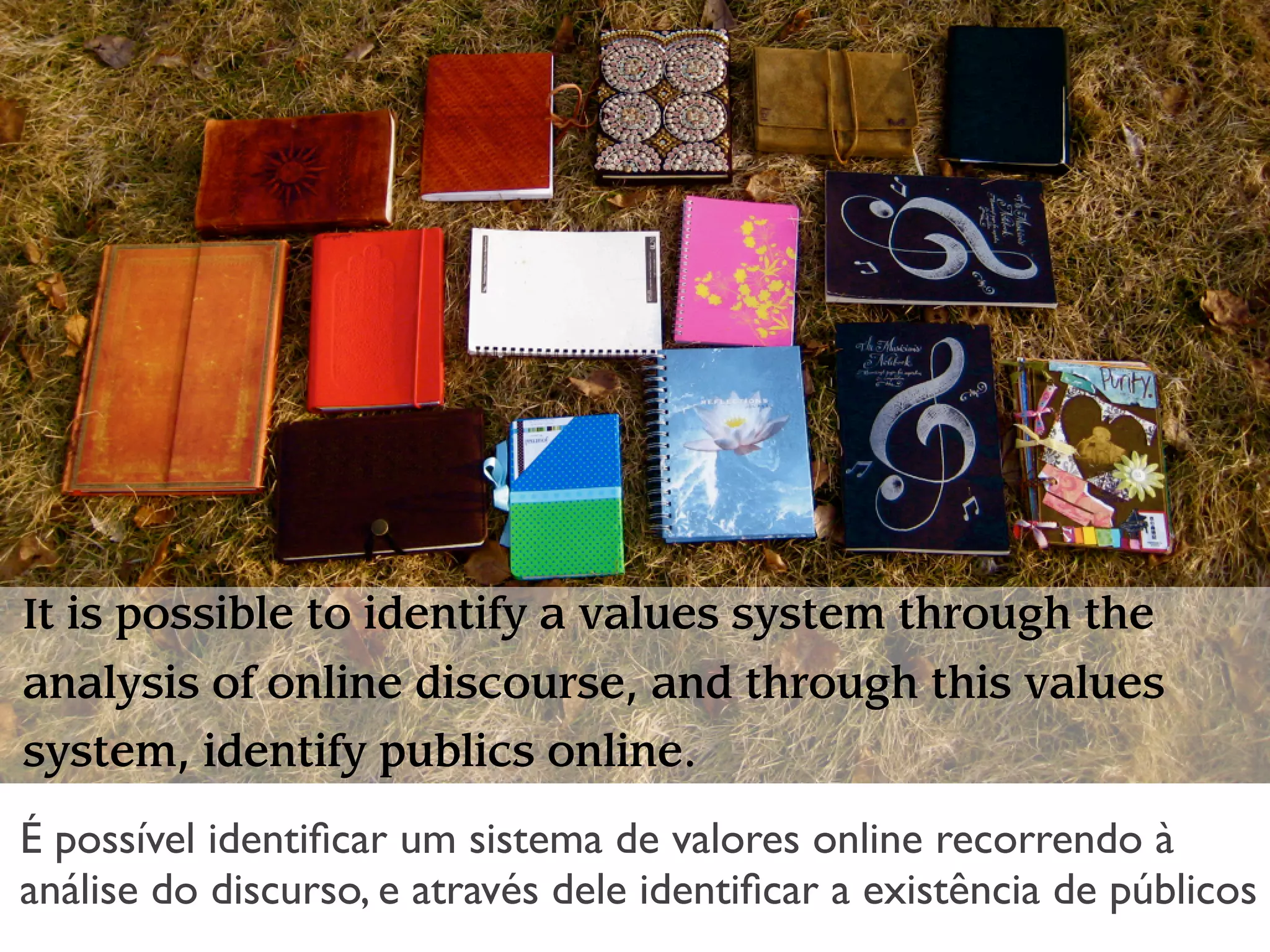It is possible to identify a values system through the
analysis of online discourse, and through this values
system, identify publics online.
É possível identiﬁcar um sistema de valores online recorrendo à
análise do discurso, e através dele identiﬁcar a existência de públicos
 