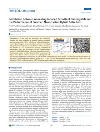 Published: December 07, 2011
r 2011 American Chemical Society 1322 dx.doi.org/10.1021/jp2097923 |J. Phys. Chem. C 2012, 116, 1322–1328
ARTICLE
pubs.acs.org/JPCC
Correlation between Annealing-Induced Growth of Nanocrystals and
the Performance of Polymer: Nanocrystals Hybrid Solar Cells
Weili Yu, Hao Zhang, Hongru Tian, Haotong Wei, Wenxu Liu, Jian Zhu, Junhu Zhang, and Bai Yang*
State Key Lab of Supramolecular Structure and Materials, College of Chemistry, Jilin University, Changchun 130012,
People’s Republic of China
bS Supporting Information
’ INTRODUCTION
Solution-processed ﬁlms employing polymer and semicon-
ductor nanocrystals (NCs) oﬀer the potential to produce large
area, low-cost, and ﬂexible solar cells with high eﬃciencies.1À3
Continuous progress in improving the power conversion eﬃ-
ciency (PCE) has been achieved by introducing ﬂexible con-
jugated polymers and NCs with higher carrier mobility. Up to
now, typical polymer materials include the derivates of poly-
thiophene, for example, poly(3-hexylthiophene) (P3HT),1
or
diﬀerent types of poly (1,4-phenylene vinylene) (PPV) deriva-
tives, for example, poly[2-methoxy-5-(3,7-dimethyloctyl oxy)]-
1,4-phenylenevinylene (MDMO-PPV),4
etc. The widely inves-
tigated NCs include TiO2,5
ZnO,6
CdSe,1
PbS,7
PbSe,8
etc.
Although some progress has been made in this area, two en-
vironmental obstacles still need to be overcome before a fully
green-fabricated solar cell was realized, that is, the liquid/air
pollution caused by the organic solvents and energy consumed
during material synthesis and device fabrication. In particular, the
widely used polymers and inorganic colloidal NCs are synthe-
sized and dissolved in organic solvents, such as chloroform,
benzene, chlorobenzene, etc. The toxicity and ﬂammability are
crucial for the people working at the manufacturing machine.
The cumulative energy needed for raw materials production will
severely extend the energy payback time of the solar cells.9
In recent years, water-soluble materials have attracted con-
siderable attention because they are green and environmentally
friendly. Moreover, life cycle analysis has shown that water has
much lower embedded energy than do organic solvents.10,11
In
this ﬁeld, recently we have demonstrated an eﬃcient polymer/
NCs hybrid solar cell with the donor material of PPV and
acceptor material of CdTe NCs.12
According to this work, the
device fabrication could be conducted in air, thus relieving
liquid/air pollution, as well as the energy consumed. Following
this research, feasible materials for processing solar cells are
expected to extend to more water-soluble materials, such as
polyelectrolytes, NCs, and semiconductor materials with non-
ionic alcohol or glycol side chains.9
Although a simple annealing process has been proved eﬀective
in changing an insulator hybrid ﬁlm into light active layer, the
correlationship between inner structure of hybrid ﬁlm and
performance of hybrid solar cell is still not fully understood,
neither is the eﬀect of the evolution of NCs on device perfor-
mance during the annealing process. The annealing-induced
transition from PPV precursor to PPV has been widely
investigated,13,14
which elucidates the mechanism of the elimina-
tion reaction,15
as well as the eﬀect of thermal processing on its
applications, for example, light emitting diodes.16À18
In this
article, we investigated the evolution of CdTe NCs in the PPV:
CdTe hybrid ﬁlm during annealing processing, focusing on the
dependence of solar cell performance on various nanoscale phase
separation structures, which are inﬂuenced by concentration
of compositions, annealing temperature, annealing time, and
active layer thickness. We propose that a percolation network of
CdTe NCs is an eﬃcient phase separation structure for enhan-
cing photo generated current and the performance of PPV:CdTe
devices.
Received: October 11, 2011
Revised: December 7, 2011
ABSTRACT: In this work, we investigated the correlation
between the inner structure of aqueous solution processed
polymer:nanocrystals (NCs) hybrid solar cells and its perfor-
mance. By altering the compositional concentration, annealing
temperature, annealing time, and the thickness of the active layer,
the diameter of CdTe NCs increased from 2.8 nm to tens of
nanometers. Also, the performance of poly (1,4-phenylene
vinylene) (PPV):CdTe hybrid solar cells changed accordingly.
Systematical analysis revealed that the best performance of
hybrid solar cells was achieved when CdTe was 30 mg/mL and
the annealing temperature was above 250 °C with the active layer thickness of about 100 nm. The inner structure showed the size of
CdTe NCs was around 26 nm, with the spacing of 6À12 nm. The data of transmission electron microscopy (TEM) and X-ray
diﬀraction (XRD) conﬁrmed that the CdTe NCs grew mainly via dynamic coalescence.
 