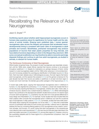 Recalibrating The Relevance Of Adult Neurogenesis Jason S Snyder | PDF