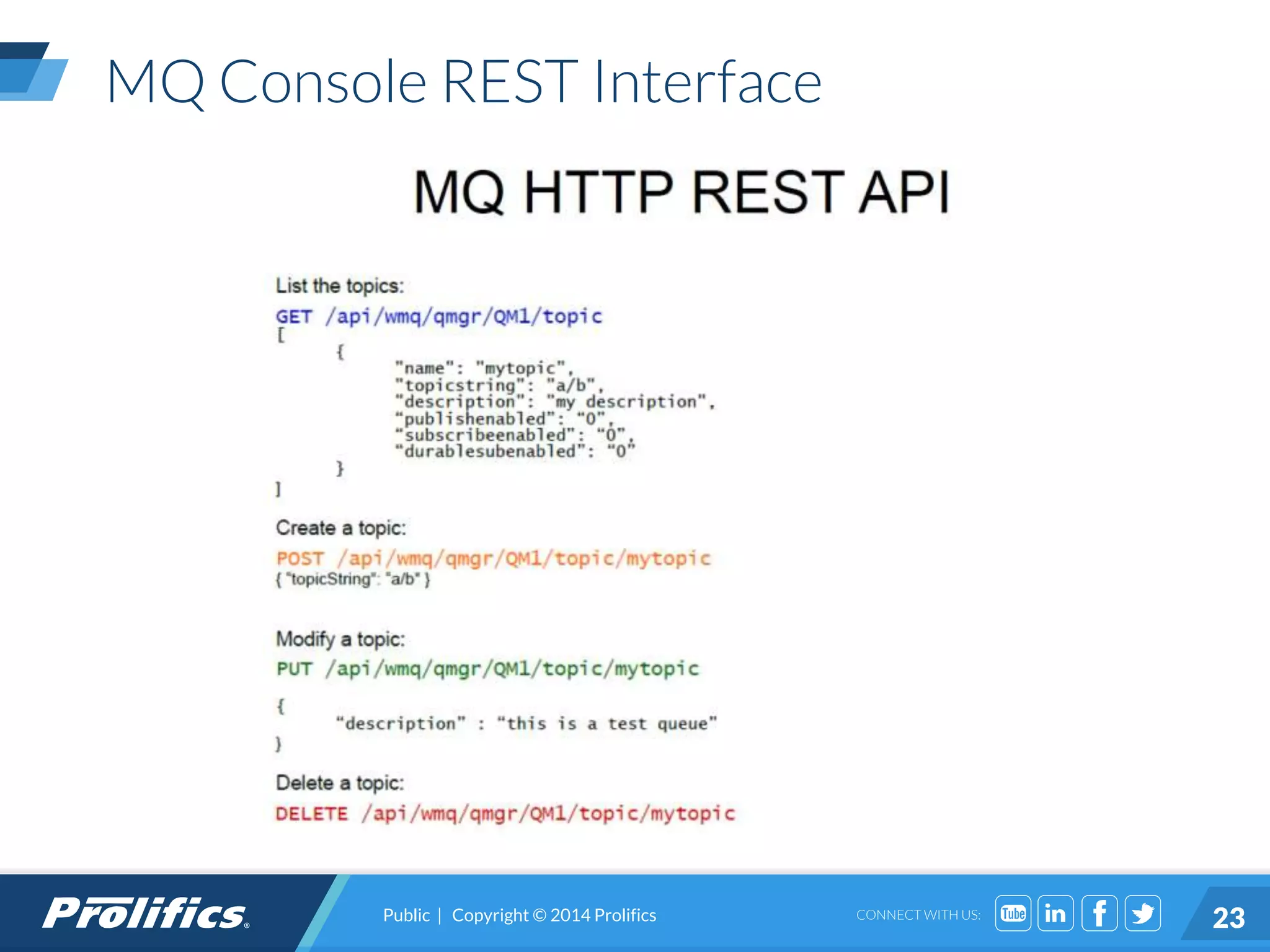 CONNECT WITH US:
MQ Console REST Interface
Public | Copyright © 2014 Prolifics 23
 