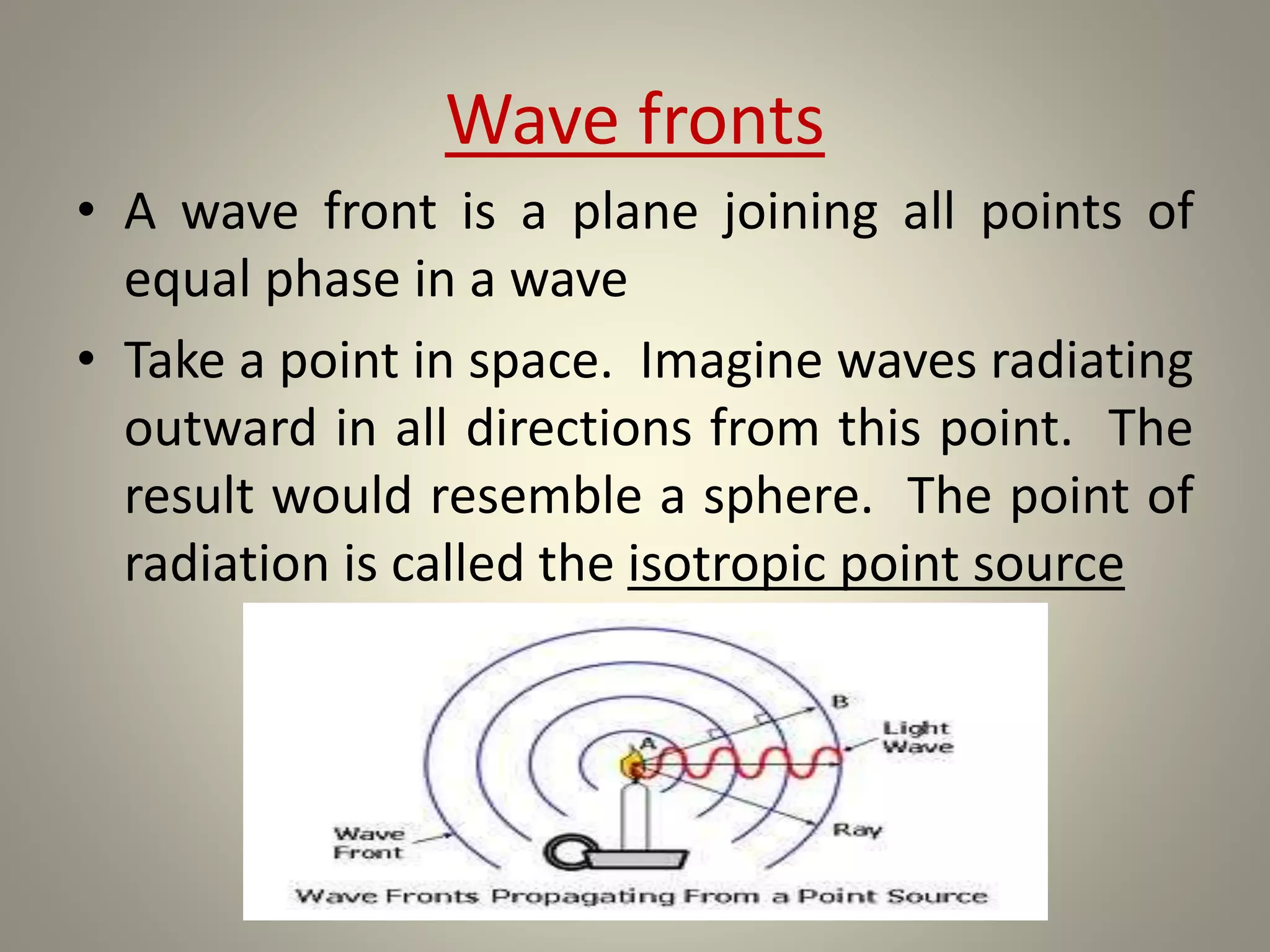 Wave fronts
• A wave front is a plane joining all points of
equal phase in a wave
• Take a point in space. Imagine waves radiating
outward in all directions from this point. The
result would resemble a sphere. The point of
radiation is called the isotropic point source
 