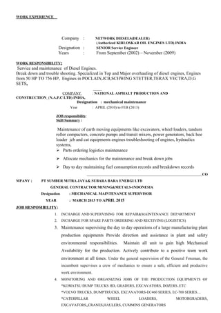 WORK EXPERIENCE
Company : NETWORK DIESELS(DEALER)
(Authorized KIRLOSKAR OIL ENGINES LTD) INDIA
Designation : SENIOR Service Engineer
Years : From September (2002) – November (2009)
WORK RESPONSIBILITY;
Service and maintenance of Diesel Engines.
Break down and trouble shooting. Specialized in Top and Major overhauling of diesel engines, Engines
from 50 HP TO 756 HP, Engines in POCLAIN,JCB,SCHWING STETTER,TERAX VECTRA,D.G
SETS,
COMPANY : NATIONAL ASPHALT PRODUCTION AND
CONSTRUCTION (N.A.P.C LTD) INDIA,
Designation : mechanical maintenance
Year : APRIL (2010) to FEB (2013)
JOB responsibility:
Skill Summary :
Maintenance of earth moving equipments like excavators, wheel loaders, tandum
roller compactors, concrete pumps and transit mixers, power generators, back hoe
loader jcb and cat equipments engines troubleshooting of engines, hydraulics
systems,
 Parts ordering logistics maintenance
 Allocate mechanics for the maintenance and break down jobs
 Day to day maintaining fuel consumption records and breakdown records
CO
MPANY ; PT SUMBER MITRA JAYA& SUBARA BARA ENERGI LTD
GENERAL CONTRACTOR MINING&METALS-INDONESIA
Designation : MECHANICAL MAINTENANCE SUPERVISOR
YEAR : MARCH 2013 TO APRIL 2015
JOB RESPOSIBILITY:
1. INCHARGE AND SUPERVISING FOR REPAIR&MAINTENANCE DEPARTMENT
2. INCHARGE FOR SPARE PARTS ORDERING AND RECEIVING (LOGISTICS)
3. Maintenance supervising the day to day operations of a large manufacturing plant
production equipments Provide direction and assistance in plant and safety
environmental responsibilities. Maintain all unit to gain high Mechanical
Availability for the production. Actively contribute to a positive team work
environment at all times. Under the general supervision of the General Foreman, the
incumbent supervises a crew of mechanics to ensure a safe, efficient and productive
work environment.
4. MONITORING AND ORGANIZING JOBS OF THE PRODUCTION EQUIPMENTS OF
*KOMATSU DUMP TRUCKS HD, GRADERS, EXCAVATORS, DOZERS..ETC
*VOLVO TRUCKS, DUMPTRUCKS, EXCAVATORS-EC460 SERIES, EC-700 SERIES…
*CATERPILLAR WHEEL LOADERS, MOTORGRADERS,
EXCAVATORS,,CRANES,HAULERS, CUMMINS GENERATORS
 