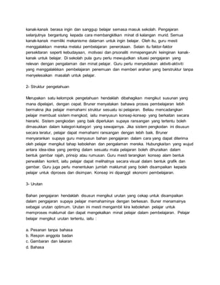 kanak-kanak berasa ingin dan sanggup belajar semasa masuk sekolah. Pengajaran
selanjutnya bergantung kepada cara membangkitkan minat di kalangan murid. Semua
kanak-kanak memiliki mekanisme dalaman untuk ingin belajar. Oleh itu, guru mesti
menggalakkan mereka melalui pembelajaran penerokaan. Selain itu faktor-faktor
persekitaran seperti kebudayaan, motivasi dan prsonaliti mmepengaruhi keinginan kanak-
kanak untuk belajar. Di sekolah pula guru perlu mewujudkan situasi pengajaran yang
relevan dengan pengalaman dan minat pelajar. Guru perlu menyediakan aktiviti-aktiviti
yang menggalakkkan pembelajaran penemuan dan memberi arahan yang berstruktur tanpa
menyelesaikan masalah untuk pelajar.
2- Struktur pengetahuan
Merupakan satu kelompok pengetahuan hendaklah dibahagikan mengikut susunan yang
mana dipelajari, dengan cepat. Bruner menyatakan bahawa proses pembelajaran lebih
bermakna jika pelajar memahami struktur sesuatu isi pelajaran. Beliau mencadangkan
pelajar membuat sistem mengkod, iaitu menyusun konsep-konsep yang berkaitan secara
hierarki. Sistem pengkodan yang baik diperlukan supaya ransangan yang tertentu boleh
dimasukkan dalam kategori-kategori yang sewajarnya. Jika sistem pengkodan ini disusun
secara teratur, pelajar dapat memahami ransangan dengan lebih baik. Bruner
menyarankan supaya guru menyusun bahan pengajaran dalam cara yang dapat diterima
oleh pelajar mengikut tahap kebolehan dan pengalaman mereka. Hubungkaitan yang wujud
antara idea-idea yang penting dalam sesuatu mata pelajaran boleh dihuraikan dalam
bentuk gambar rajah, prinsip atau rumusan. Guru mesti terangkan konsep alam bentuk
perwakilan konkrit, iaitu pelajar dapat melihatnya secara visual dalam bentuk grafik dan
gambar. Guru juga perlu menentukan jumlah maklumat yang boleh disampaikan kepada
pelajar untuk diproses dan disimpan. Konsep ini dipanggil ekonomi pembelajaran.
3- Urutan
Bahan pengajaran hendaklah disusun mengikut urutan yang cekap untuk disampaikan
dalam pengajaran supaya pelajar memahaminya dengan berkesan. Buner menamainya
sebagai urutan optimum. Urutan ini mesti mengambil kira kebolehan pelajar untuk
memproses maklumat dan dapat mengekalkan minat pelajar dalam pembelajaran. Pelajar
belajar mengikut urutan tertentu, iaitu :
a. Pesanan tanpa bahasa
b. Respon anggota badan
c. Gambaran dan lakaran
d. Bahasa
 