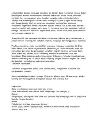 simbol-simbol. Setelah menguasai kemahiran ini, barulah dapat membentuk konsep. Dalam
pembelajaran konsep, murid mestilah membuat diskriminasi antara unsure, kemudian
mengelas dan membahagikan unsur itu dalam kumpulan untuk membentuk hukum.
Misalnya hukum ketumpatan sesuatu benda menunjukkan perhubungan antara konsep
jisim dengan isipadu. Oleh itu, kemahiran kecerdasan membolehkan seseorang
'mengetahui bagaimana' hendak melakukan sesuatu tindakan dan bukan hanya semata-
mata 'mengetahui apa' keadaan yang wujud. Ini bermakna kemahiran kecerdasan meliputi
pelbagai unit maklumat berbahasa seperti fakta, tarikh, simbol dan huraian serta kebolehan
menggunakan maklumat itu.
Strategi kognitif pula merupakan kebolehan memproses maklumat yang membolehkan si
pelajar memikir, menumpukan perhatian, memilih, mengingat dan menggunakan maklumat.
Perolehan kemahiran motor membolehkan seseorang melakukan pergerakan kordinasi
dalam aktiviti fizikal. Walau bagaimanapun, perkembangan dalam kemahiran motor juga
memerlukan pemikiran dan penguasaan kemahiran kognitif. Misalnya, sama ada dalam
aktiviti sukan atau bermain muzik, seseorang memerlukan kemahiran fizikal dan
kecerdasan. Sikap seseorang pula mempengaruhi tindakannya terhadap sesuatu perkara,
peristiwa atau orang lain. Ini berkait secara langsung dengan perasaan, tingkah laku, minat
dan kesediaan pembelajaran pada seseorang pelajar.
Kemahiran kecerdasan
Kemahiran menggunakan simbol untuk berkomunikasi, menjalankan manipulasi dan
menyelesaikan masalah.
Dalam suatu ladang ternakan, terdapat 20 ekor itik, 45 ekor ayam, 22 ekor lembu, 56 ekor
kambing dan 2 orang pekerja. Berapakah bilangan kaki di ladang itu?
Diskriminasi
Dapat membezakan antara dua objek atau simbol.
Dapat membezakan antara bentuk bulat dengan bujur dan p dengan q.
Konsep
Mengenalpasti sekumpulan idea, objek atau peristiwa yang mempunyai cirri-ciri yang sama.
Mamalia, tenaga dan atom.
Hukum
Perhubungan di antara sekumpulan konsep.
Hukum Boyle; hukum segiempat tepat, meramalkan kadar tindak balas berdasarkan
keadaan sedia ada.
 