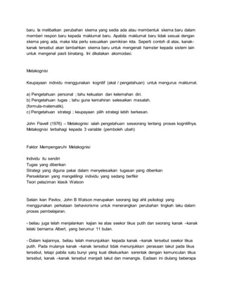 baru. Ia melibatkan perubahan skema yang sedia ada atau membentuk skema baru dalam
memberi respon baru kepada maklumat baru. Apabila maklumat baru tidak sesuai dengan
skema yang ada, maka kita perlu sesuaikan pemikiran kita. Seperti contoh di atas, kanak-
kanak tersebut akan tambahkan skema baru untuk mengenali hamster kepada sistem lain
untuk mengenal pasti binatang. Ini dikatakan akomodasi.
Metakognisi
Keupayaan individu menggunakan kognitif (akal / pengetahuan) untuk mengurus maklumat.
a) Pengetahuan personal ; tahu kekuatan dan kelemahan diri.
b) Pengetahuan tugas ; tahu guna kemahiran selesaikan masalah.
(formula-matematik).
c) Pengetahuan strategi ; keupayaan pilih strategi lebih berkesan.
John Flavell (1976) – Metakognisi ialah pengetahuan seseorang tentang proses kognitifnya.
Metakognisi terbahagi kepada 3 variable (pemboleh ubah)
Faktor Mempengaruhi Metakognisi
Individu itu sendiri
Tugas yang diberikan
Strategi yang diguna pakai dalam menyelesaikan tugasan yang diberikan
Persekitaran yang mengelilingi individu yang sedang berfikir
Teori pelaziman klasik Watson
Selain Ivan Pavlov, John B Watson merupakan seorang lagi ahli psikologi yang
menggunakan perkataan behaviorisme untuk menerangkan perubahan tingkah laku dalam
proses pembelajaran.
- beliau juga telah menjalankan kajian ke atas seekor tikus putih dan seorang kanak –kanak
lelaki bernama Albert, yang berumur 11 bulan.
- Dalam kajiannya, beliau telah menunjukkan kepada kanak –kanak tersebut seekor tikus
putih. Pada mulanya kanak –kanak tersebut tidak menunjukkan perasaan takut pada tikus
tersebut, tetapi pabila satu bunyi yang kuat dikeluarkan serentak dengan kemunculan tikus
tersebut, kanak –kanak tersebut menjadi takut dan menangis. Eadaan ini diulang beberapa
 
