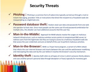 Security Threats
 Phishing : Phishing is a common form of cybercrime typically carried out through e-mail or
instant mess...