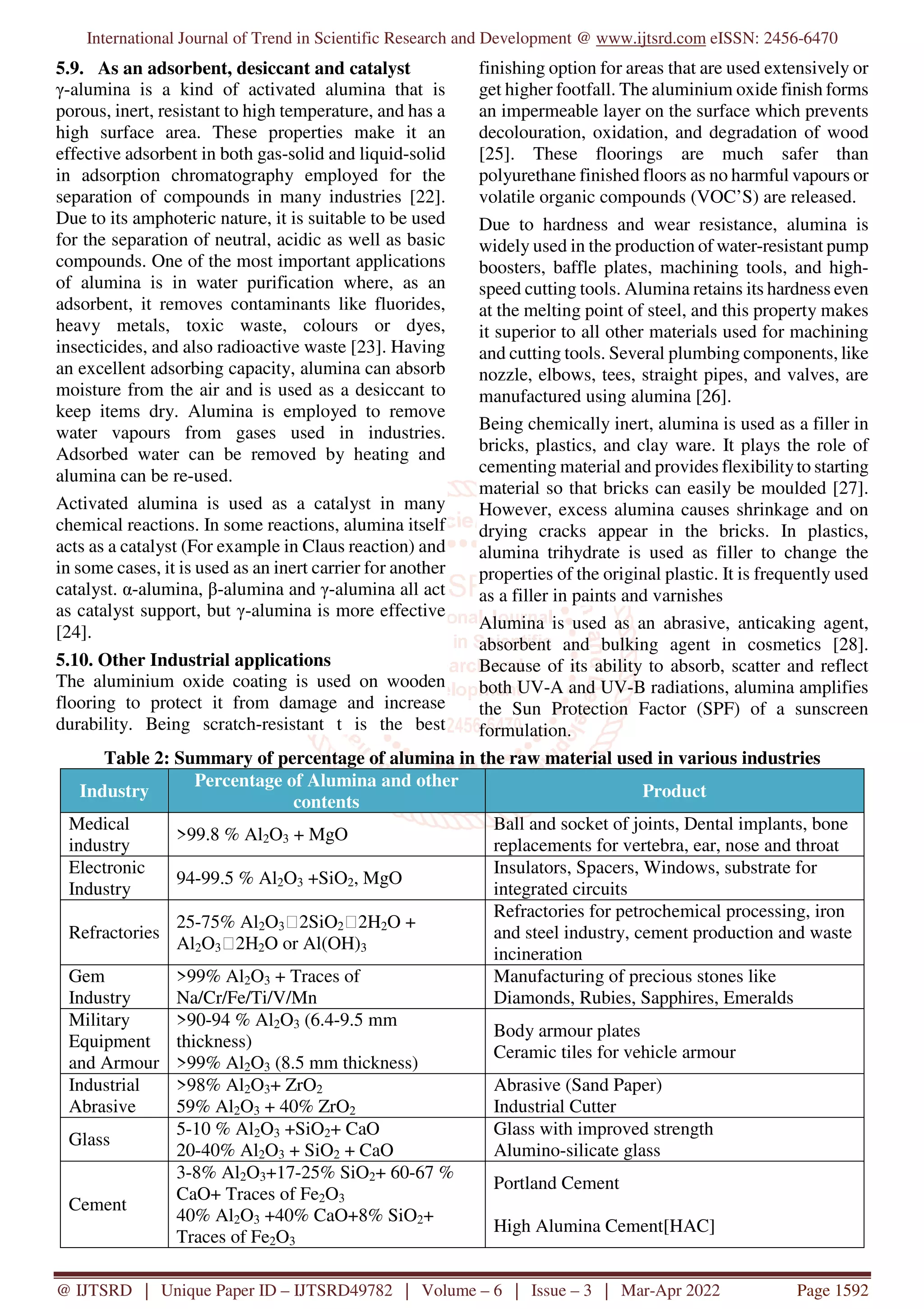 International Journal of Trend in Scientific Research and Development @ www.ijtsrd.com eISSN: 2456-6470
@ IJTSRD | Unique Paper ID – IJTSRD49782 | Volume – 6 | Issue – 3 | Mar-Apr 2022 Page 1592
5.9. As an adsorbent, desiccant and catalyst
γ-alumina is a kind of activated alumina that is
porous, inert, resistant to high temperature, and has a
high surface area. These properties make it an
effective adsorbent in both gas-solid and liquid-solid
in adsorption chromatography employed for the
separation of compounds in many industries [22].
Due to its amphoteric nature, it is suitable to be used
for the separation of neutral, acidic as well as basic
compounds. One of the most important applications
of alumina is in water purification where, as an
adsorbent, it removes contaminants like fluorides,
heavy metals, toxic waste, colours or dyes,
insecticides, and also radioactive waste [23]. Having
an excellent adsorbing capacity, alumina can absorb
moisture from the air and is used as a desiccant to
keep items dry. Alumina is employed to remove
water vapours from gases used in industries.
Adsorbed water can be removed by heating and
alumina can be re-used.
Activated alumina is used as a catalyst in many
chemical reactions. In some reactions, alumina itself
acts as a catalyst (For example in Claus reaction) and
in some cases, it is used as an inert carrier for another
catalyst. α-alumina, β-alumina and γ-alumina all act
as catalyst support, but γ-alumina is more effective
[24].
5.10. Other Industrial applications
The aluminium oxide coating is used on wooden
flooring to protect it from damage and increase
durability. Being scratch-resistant t is the best
finishing option for areas that are used extensively or
get higher footfall. The aluminium oxide finish forms
an impermeable layer on the surface which prevents
decolouration, oxidation, and degradation of wood
[25]. These floorings are much safer than
polyurethane finished floors as no harmful vapours or
volatile organic compounds (VOC’S) are released.
Due to hardness and wear resistance, alumina is
widely used in the production of water-resistant pump
boosters, baffle plates, machining tools, and high-
speed cutting tools. Alumina retains its hardness even
at the melting point of steel, and this property makes
it superior to all other materials used for machining
and cutting tools. Several plumbing components, like
nozzle, elbows, tees, straight pipes, and valves, are
manufactured using alumina [26].
Being chemically inert, alumina is used as a filler in
bricks, plastics, and clay ware. It plays the role of
cementing material and provides flexibilityto starting
material so that bricks can easily be moulded [27].
However, excess alumina causes shrinkage and on
drying cracks appear in the bricks. In plastics,
alumina trihydrate is used as filler to change the
properties of the original plastic. It is frequently used
as a filler in paints and varnishes
Alumina is used as an abrasive, anticaking agent,
absorbent and bulking agent in cosmetics [28].
Because of its ability to absorb, scatter and reflect
both UV-A and UV-B radiations, alumina amplifies
the Sun Protection Factor (SPF) of a sunscreen
formulation.
Table 2: Summary of percentage of alumina in the raw material used in various industries
Industry
Percentage of Alumina and other
contents
Product
Medical
industry
>99.8 % Al2O3 + MgO
Ball and socket of joints, Dental implants, bone
replacements for vertebra, ear, nose and throat
Electronic
Industry
94-99.5 % Al2O3 +SiO2, MgO
Insulators, Spacers, Windows, substrate for
integrated circuits
Refractories
25-75% Al2O3⸱2SiO2⸱2H2O +
Al2O3⸱2H2O or Al(OH)3
Refractories for petrochemical processing, iron
and steel industry, cement production and waste
incineration
Gem
Industry
>99% Al2O3 + Traces of
Na/Cr/Fe/Ti/V/Mn
Manufacturing of precious stones like
Diamonds, Rubies, Sapphires, Emeralds
Military
Equipment
and Armour
>90-94 % Al2O3 (6.4-9.5 mm
thickness)
>99% Al2O3 (8.5 mm thickness)
Body armour plates
Ceramic tiles for vehicle armour
Industrial
Abrasive
>98% Al2O3+ ZrO2
59% Al2O3 + 40% ZrO2
Abrasive (Sand Paper)
Industrial Cutter
Glass
5-10 % Al2O3 +SiO2+ CaO
20-40% Al2O3 + SiO2 + CaO
Glass with improved strength
Alumino-silicate glass
Cement
3-8% Al2O3+17-25% SiO2+ 60-67 %
CaO+ Traces of Fe2O3
40% Al2O3 +40% CaO+8% SiO2+
Traces of Fe2O3
Portland Cement
High Alumina Cement[HAC]
 