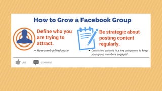 How to Grow a Facebook Group
Define who you
are trying to
attract.
Have a well-defined avatar
Be strategic about
posting content
regularly.
Consistent content is a key component to keep
your group members engaged
LIKE COMMENT
 