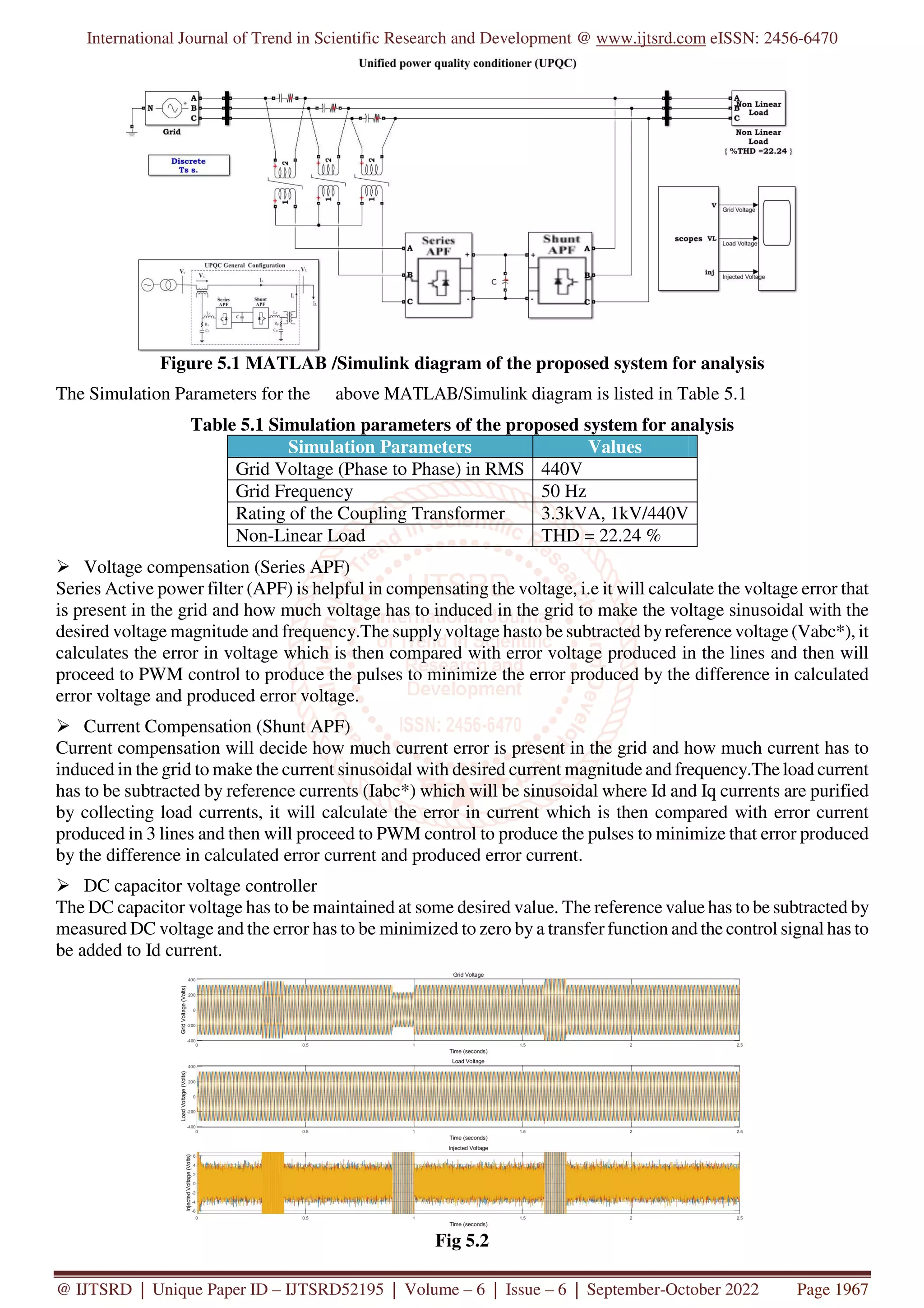 International Journal of Trend in Scientific Research and Development @ www.ijtsrd.com eISSN: 2456-6470
@ IJTSRD | Unique Paper ID – IJTSRD52195 | Volume – 6 | Issue – 6 | September-October 2022 Page 1967
Figure 5.1 MATLAB /Simulink diagram of the proposed system for analysis
The Simulation Parameters for the above MATLAB/Simulink diagram is listed in Table 5.1
Table 5.1 Simulation parameters of the proposed system for analysis
Simulation Parameters Values
Grid Voltage (Phase to Phase) in RMS 440V
Grid Frequency 50 Hz
Rating of the Coupling Transformer 3.3kVA, 1kV/440V
Non-Linear Load THD = 22.24 %
Voltage compensation (Series APF)
Series Active power filter (APF) is helpful in compensating the voltage, i.e it will calculate the voltage error that
is present in the grid and how much voltage has to induced in the grid to make the voltage sinusoidal with the
desired voltage magnitude and frequency.The supply voltage hasto be subtracted byreference voltage (Vabc*), it
calculates the error in voltage which is then compared with error voltage produced in the lines and then will
proceed to PWM control to produce the pulses to minimize the error produced by the difference in calculated
error voltage and produced error voltage.
Current Compensation (Shunt APF)
Current compensation will decide how much current error is present in the grid and how much current has to
induced in the grid to make the current sinusoidal with desired current magnitude and frequency.The load current
has to be subtracted by reference currents (Iabc*) which will be sinusoidal where Id and Iq currents are purified
by collecting load currents, it will calculate the error in current which is then compared with error current
produced in 3 lines and then will proceed to PWM control to produce the pulses to minimize that error produced
by the difference in calculated error current and produced error current.
DC capacitor voltage controller
The DC capacitor voltage has to be maintained at some desired value. The reference value has to be subtracted by
measured DC voltage and the error has to be minimized to zero by a transfer function and the control signal has to
be added to Id current.
Fig 5.2
 