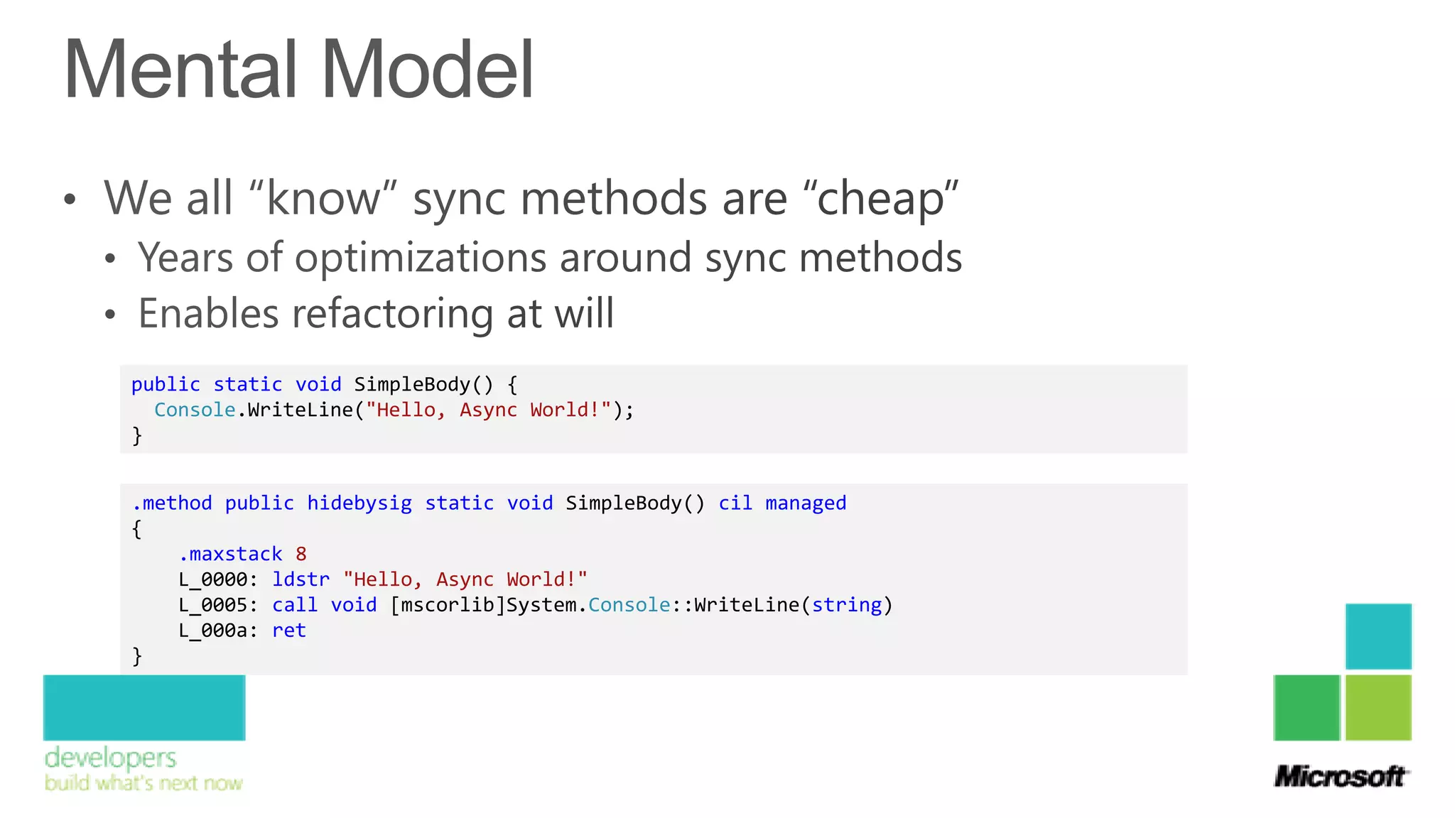 public static void SimpleBody() {
  Console.WriteLine("Hello, Async World!");
}


.method public hidebysig static void SimpleBody() cil managed
{
    .maxstack 8
    L_0000: ldstr "Hello, Async World!"
    L_0005: call void [mscorlib]System.Console::WriteLine(string)
    L_000a: ret
}
 