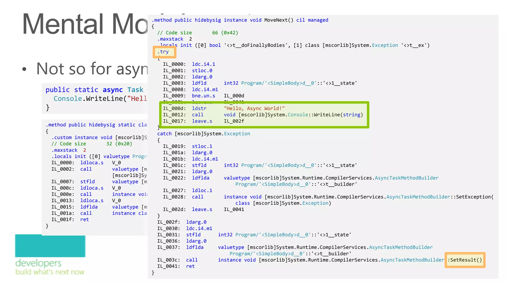 .method public hidebysig instance void MoveNext() cil managed
                                     {
                                       // Code size       66 (0x42)
                                       .maxstack 2
                                       .locals init ([0] bool '<>t__doFinallyBodies', [1] class [mscorlib]System.Exception '<>t__ex')
                                       .try
                                       {
                                         IL_0000: ldc.i4.1
                                         IL_0001: stloc.0
                                         IL_0002: ldarg.0
                                         IL_0003: ldfld       int32 Program/'<SimpleBody>d__0'::'<>1__state'
public static async Task SimpleBody() {  IL_0008: ldc.i4.m1
   Console.WriteLine("Hello, Async World!"); IL_000d
                                         IL_0009: bne.un.s
                                         IL_000b: leave.s     IL_0041
}                                        IL_000d: ldstr       "Hello, Async World!"
                                         IL_0012: call        void [mscorlib]System.Console::WriteLine(string)
                                         IL_0017: leave.s     IL_002f
.method public hidebysig static class [mscorlib]System.Threading.Tasks.Task SimpleBody() cil managed
                                       }
{                                      catch [mscorlib]System.Exception
  .custom instance void [mscorlib]System.Diagnostics.DebuggerStepThroughAttribute::.ctor() = ( 01 00 00 00 )
                                       {
  // Code size       32 (0x20)           IL_0019: stloc.1
  .maxstack 2                            IL_001a: ldarg.0
  .locals init ([0] valuetype Program/'<SimpleBody>d__0' V_0)
                                         IL_001b: ldc.i4.m1
  IL_0000: ldloca.s    V_0               IL_001c: stfld       int32 Program/'<SimpleBody>d__0'::'<>1__state'
  IL_0002: call        valuetype [mscorlib]System.Runtime.CompilerServices.AsyncTaskMethodBuilder
                                         IL_0021: ldarg.0
                       [mscorlib]System.Runtime.CompilerServices.AsyncTaskMethodBuilder::Create()
                                         IL_0022: ldflda      valuetype [mscorlib]System.Runtime.CompilerServices.AsyncTaskMethodBuilder
  IL_0007: stfld       valuetype [mscorlib]System.Runtime.CompilerServices.AsyncTaskMethodBuilder Program/'<SimpleBody>d__0'::'<>t__builder'
                                                                  Program/'<SimpleBody>d__0'::'<>t__builder'
  IL_000c: ldloca.s    V_0               IL_0027: ldloc.1
  IL_000e: call        instance void Program/'<SimpleBody>d__0'::MoveNext() [mscorlib]System.Runtime.CompilerServices.AsyncTaskMethodBuilder::SetException(
                                         IL_0028: call        instance void
  IL_0013: ldloca.s    V_0                                        class [mscorlib]System.Exception)
  IL_0015: ldflda      valuetype [mscorlib]System.Runtime.CompilerServices.AsyncTaskMethodBuilder Program/'<SimpleBody>d__0'::'<>t__builder'
                                         IL_002d: leave.s     IL_0041
  IL_001a: call        instance class [mscorlib]System.Threading.Tasks.Task [mscorlib]System.Runtime.CompilerServices.AsyncTaskMethodBuilder::get_Task()
                                       }
  IL_001f: ret                         IL_002f: ldarg.0
}                                      IL_0030: ldc.i4.m1
                                       IL_0031: stfld       int32 Program/'<SimpleBody>d__0'::'<>1__state'
                                       IL_0036: ldarg.0
                                       IL_0037: ldflda      valuetype [mscorlib]System.Runtime.CompilerServices.AsyncTaskMethodBuilder
                                                                Program/'<SimpleBody>d__0'::'<>t__builder'
                                       IL_003c: call        instance void [mscorlib]System.Runtime.CompilerServices.AsyncTaskMethodBuilder::SetResult()
                                       IL_0041: ret
                                     }
 