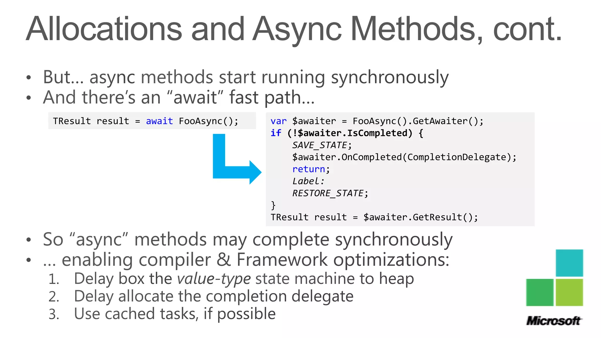 TResult result = await FooAsync();   var $awaiter = FooAsync().GetAwaiter();
                                     if (!$awaiter.IsCompleted) {
                                         SAVE_STATE;
                                         $awaiter.OnCompleted(CompletionDelegate);
                                         return;
                                         Label:
                                         RESTORE_STATE;
                                     }
                                     TResult result = $awaiter.GetResult();
 