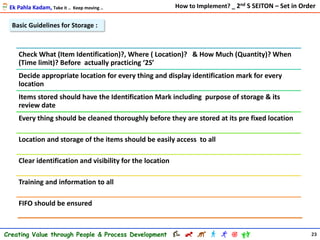 Basic Guidelines for Storage :
Check What (Item Identification)?, Where ( Location)? & How Much (Quantity)? When
(Time limit)? Before actually practicing ‘2S’
Decide appropriate location for every thing and display identification mark for every
location
Items stored should have the Identification Mark including purpose of storage & its
review date
Every thing should be cleaned thoroughly before they are stored at its pre fixed location
Location and storage of the items should be easily access to all
Clear identification and visibility for the location
Training and information to all
FIFO should be ensured
23Creating Value through People & Process Development
Ek Pahla Kadam, Take it .. Keep moving .. How to Implement? _ 2nd S SEITON – Set in Order
 