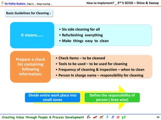 Basic Guidelines for Cleaning :
• Six side cleaning for all
• Refurbishing everything
• Make things easy to clean
It means……
• Check Items – to be cleaned
• Tools to be used – to be used for cleaning
• Frequency of cleaning & inspection – when to clean
• Person In charge name – responsibility for cleaning
Prepare a check
list containing
following
information:
Divide entire work place into
small zones
Define the responsibility of
person ( Area wise)
26Creating Value through People & Process Development
Ek Pahla Kadam, Take it .. Keep moving .. How to Implement? _ 3rd S SEISO – Shine & Sweep
 