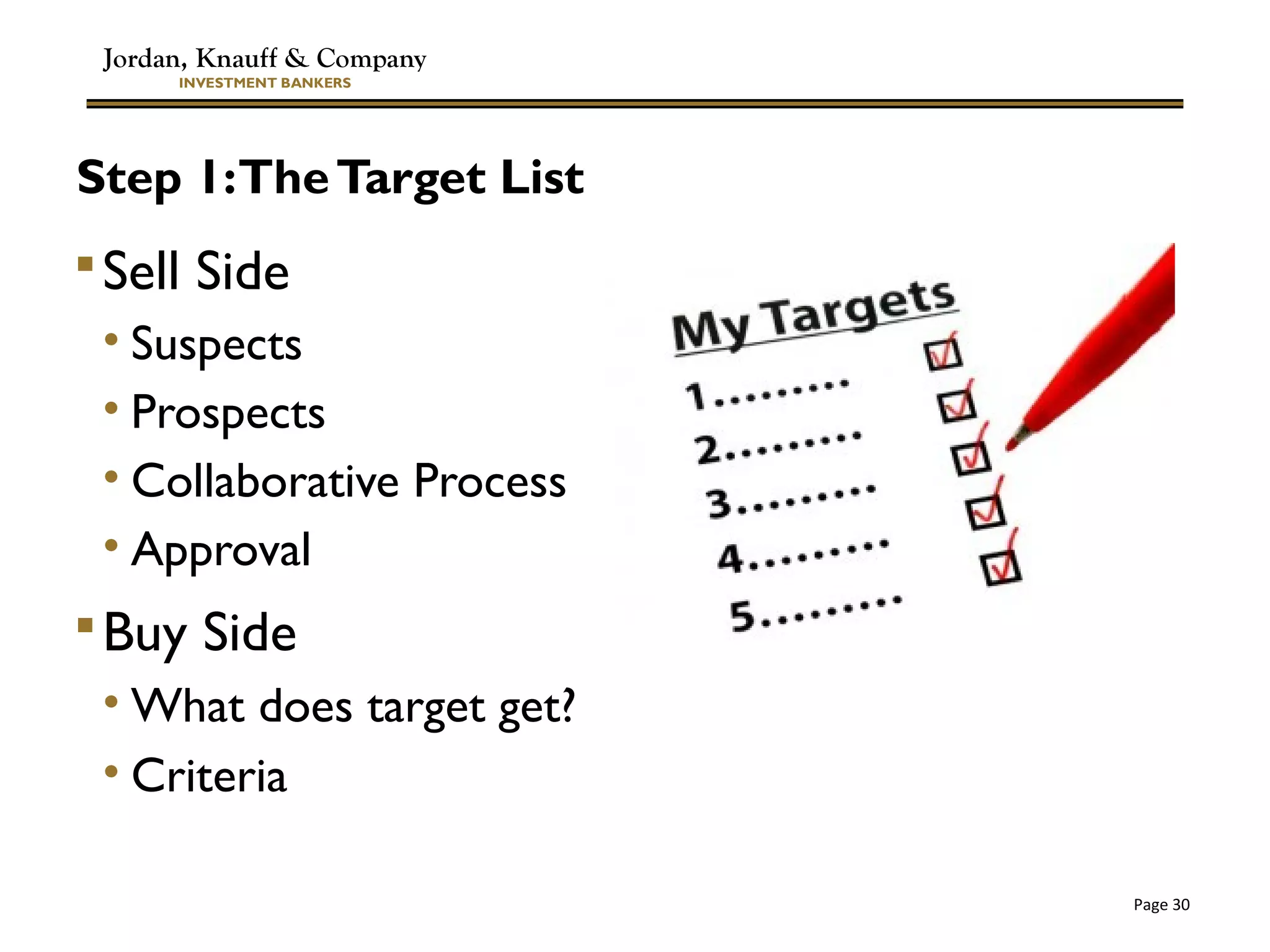 Jordan, Knauff & Company
INVESTMENT BANKERS
Page 30
Step 1:TheTarget List
Sell Side
• Suspects
• Prospects
• Collaborative Process
• Approval
Buy Side
• What does target get?
• Criteria
 