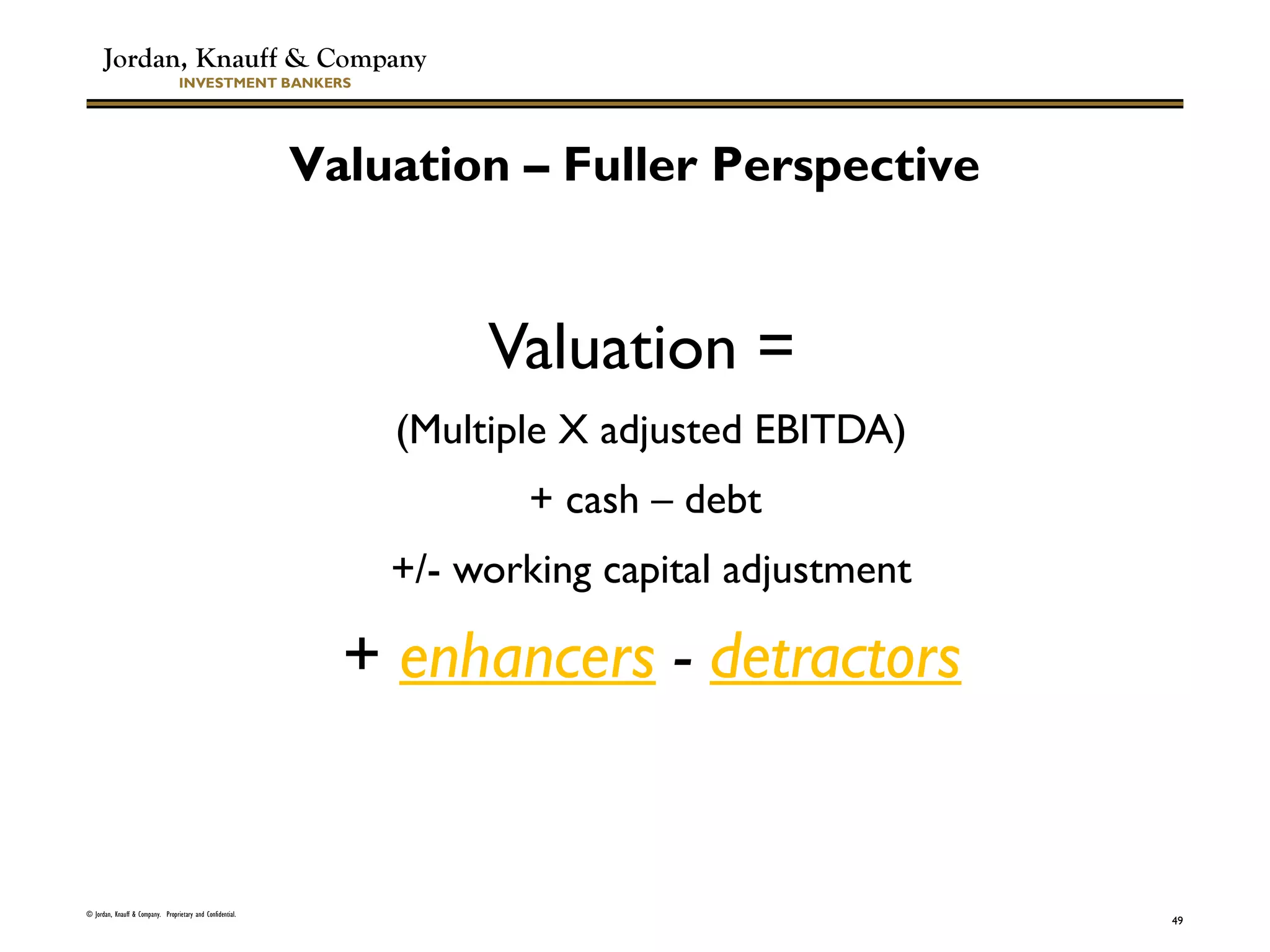 Jordan, Knauff & Company
INVESTMENT BANKERS
Valuation =
(Multiple X adjusted EBITDA)
+ cash – debt
+/- working capital adjustment
+ enhancers - detractors
© Jordan, Knauff & Company. Proprietary and Confidential.
49
Valuation – Fuller Perspective
 