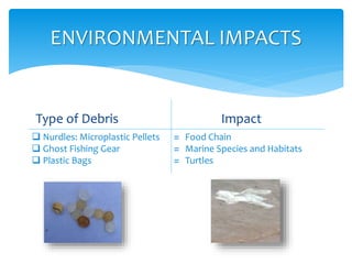 Type of Debris Impact
ENVIRONMENTAL IMPACTS
 Nurdles: Microplastic Pellets
 Ghost Fishing Gear
 Plastic Bags
≈ Food Chain
≈ Marine Species and Habitats
≈ Turtles
 