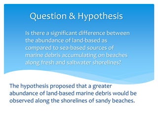 The hypothesis proposed that a greater
abundance of land-based marine debris would be
observed along the shorelines of sandy beaches.
Is there a significant difference between
the abundance of land-based as
compared to sea-based sources of
marine debris accumulating on beaches
along fresh and saltwater shorelines?
Question & Hypothesis
 