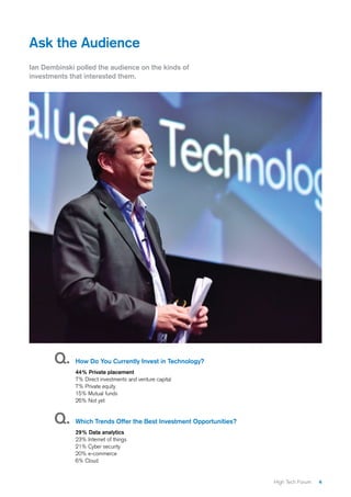 4High Tech Forum
Ask the Audience
Ian Dembinski polled the audience on the kinds of
investments that interested them.
Q.	How Do You Currently Invest in Technology?
	 44% Private placement
	 7% Direct investments and venture capital
	 7% Private equity
	 15% Mutual funds
	 26% Not yet
Q.	Which Trends Offer the Best Investment Opportunities?
	 29% Data analytics
	 23% Internet of things
	 21% Cyber security
	 20% e-commerce
	 6% Cloud
 