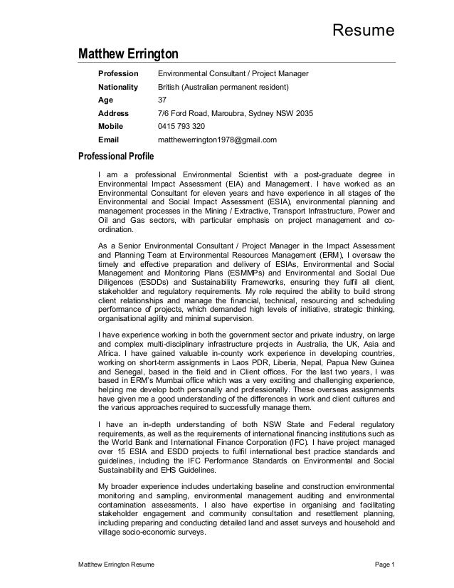 matthew errington resume february 2016 environmental project manager resumes