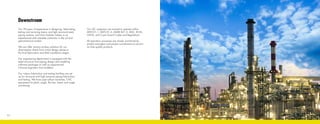 1211
Downstream
Our 30 years of experience in designing, fabricating,
testing and servicing heavy and light structural steel,
piping systems, and skid modules makes us an
experienced and valuable contractor in the oil and
petrochemical market.
We can offer various turnkey solutions for our
downstream clients from initial design phase to
the final fabrication and field installation stages.
Our engineering department is equipped with the
latest structural and piping design and modeling
software packages as well as experienced
in-house engineers and modelers.
Our indoor fabrication and testing facilities are set
up for structural and high pressure piping fabrication
and testing. We have pipe rollout machines, CNC
equipment for plate, angle, flat bar, beam and angle
processing.
Our QC inspectors are trained to operate within
AWS D1.1, AWS D1.5, ASME B31.3, AISC, RCSC,
OSHA, and Coast Guard Codes and Regulations.
All operation processes are closely monitored by
project managers and project coordinators to ensure
on time quality products.
12
 