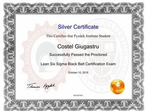 Silver Certificate
This Certifies that Pyzdek Institute Student
Costel Giugastru
Successfully Passed the Proctored
Lean Six Sigma Black Belt Certification Exam
October 10, 2016
RHzrhF8fiN
Powered by TCPDF (www.tcpdf.org)
 