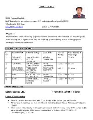 CURRICULUM VITAE
Nikhil Deepak Ghodinde.
B6,1stfloor,gulmohor co-op hscsociety,near DNS bank,stationpada,badlapur(E),421503
Tal-ambernath, Dist-thane.
nikhilg3112@gmail.com contact no:9699291657
Objectives:
Intend to build a career with leading corporate of hi-tech environment with committed and dedicated people,
which will help me to explore myself fully and realize my potential.Willing to work as a key player in
challenging and creative environment.
EDUCATIONAL QUALIFICATION
Sr.
No.
Exam Passed School & college Exam Body Year of
Passing
Class Secured &
Percentage
1) MBA/MMS
(FINANCE)
SAV ACHARYA
INST.OF
MGMT,SHELU.
MUMBAI
UNIVERSITY
2014 79.00%
2) T.Y.B.COM R.K.T COLLEGE
,ULHASNAGAR
MUMBAI
UNIVERSITY
MARCH-12 81.57%
3) DIP.IN EXIM
MANAGEMEN
T
WELINGKAR
INSTITUTE,
MATUNGA
WELINGKAR
INSTITUTE
JAN-10 B+ grade
4) H.S.C C.H.M COLLEGE,
ULHASNAGAR
MUMBAI
UNIVERSITY
MARCH-09 67.83%
5) S.S.C. NERAL VIDYA
MANDIR,
NERAL
MUMBAI
BOARD
MARCH-07 78.46%
Eclerx Service Ltd. (From: 08/05/2014-Tilldate)
Current Role Description
 Financial Analyst, I am associated with Eclerx Service ltd for the last 1year and 2months.
 My key area of experience has been in Settlement Derivatives-Recon Manual Matching & Verification
(Swaps).
 I have worked with primarily in data centre environment for fixed income, equity, CDS, Margins & FX
and across all Currencies. I have worked on extractions of Reports- SWAPCO, CCRLLC,
Causal,Unassigned, FCCY, etc.
WORK EXPERIENCE
 