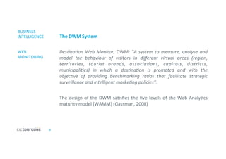 22	
  
BUSINESS	
  
INTELLIGENCE	
  
	
  
	
  
WEB	
  
MONITORING	
  
	
  
The	
  DWM	
  System	
  
Des9na9on	
  Web	
  Monitor,	
  DWM:	
  “A	
  system	
  to	
  measure,	
  analyse	
  and	
  
model	
   the	
   behaviour	
   of	
   visitors	
   in	
   diﬀerent	
   virtual	
   areas	
   (region,	
  
territories,	
   tourist	
   brands,	
   associa9ons,	
   capitals,	
   districts,	
  
municipali9es)	
   in	
   which	
   a	
   des9na9on	
   is	
   promoted	
   and	
   with	
   the	
  
objec9ve	
   of	
   providing	
   benchmarking	
   ra9os	
   that	
   facilitate	
   strategic	
  
surveillance	
  and	
  intelligent	
  marke9ng	
  policies”.	
  	
  
	
  
The	
  design	
  of	
  the	
  DWM	
  sa'sﬁes	
  the	
  ﬁve	
  levels	
  of	
  the	
  Web	
  Analy'cs	
  
maturity	
  model	
  (WAMM)	
  (Gassman,	
  2008)	
  
 