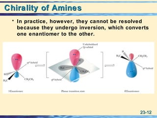 23-23-1212
Chirality of AminesChirality of Amines
• In practice, however, they cannot be resolved
because they undergo inversion, which converts
one enantiomer to the other.
 